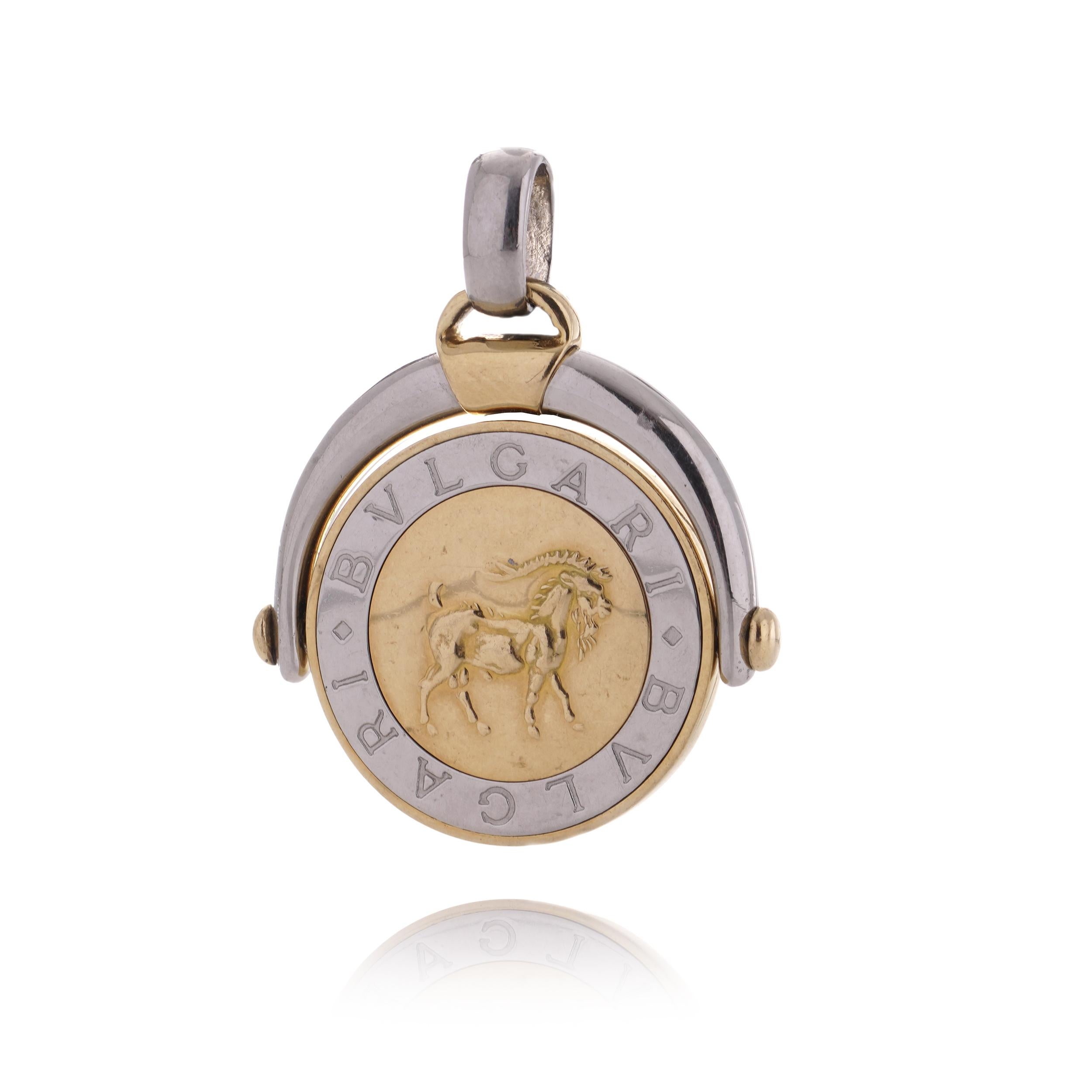 Bvlgari 18kt. yellow gold and steel Capricorn Zodiac sign flip medallion pendant In Good Condition For Sale In Braintree, GB