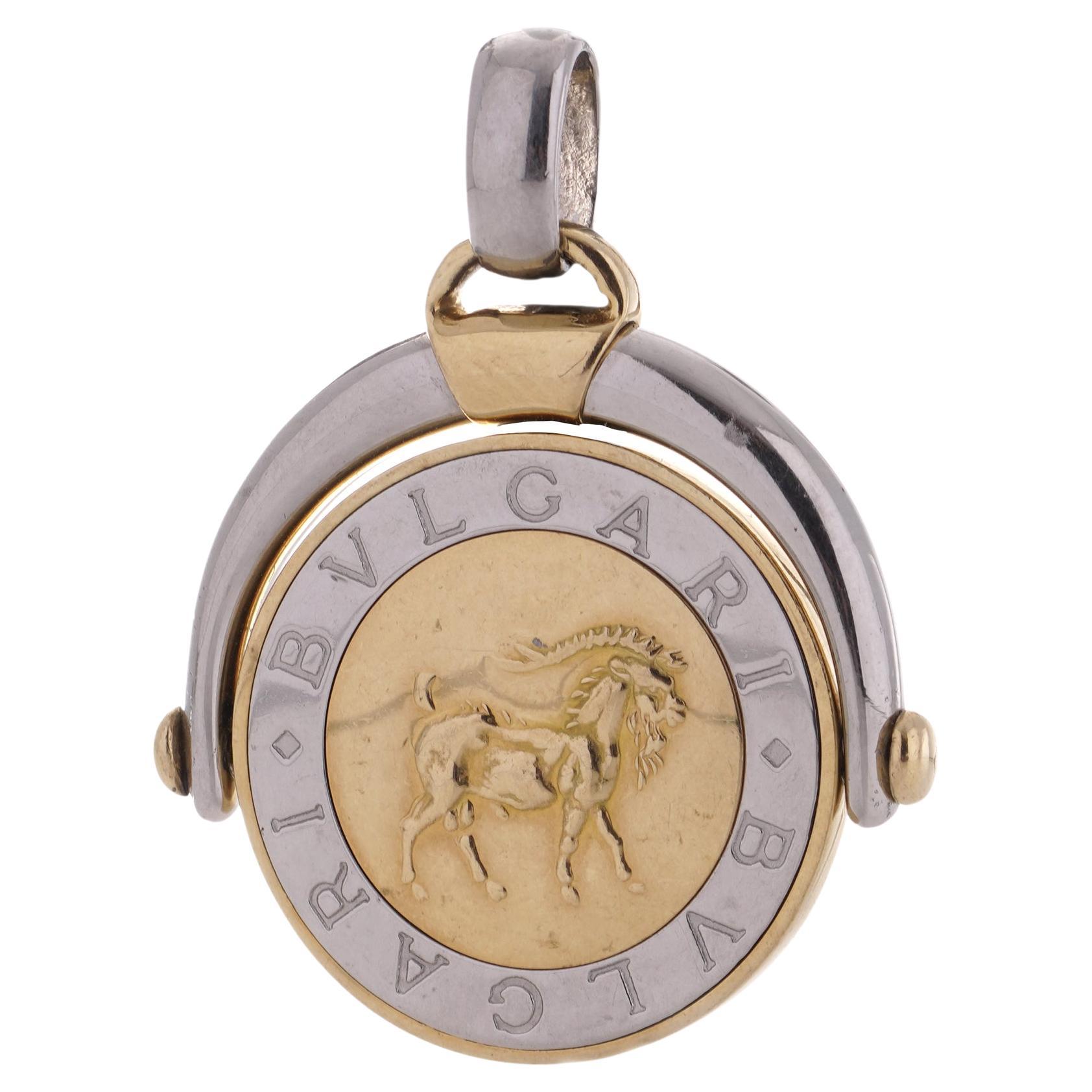 Bvlgari 18kt. yellow gold and steel Capricorn Zodiac sign flip medallion pendant For Sale