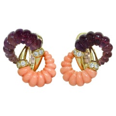 Bvlgari 1950s Diamond Fluted Coral Amethyst Yellow Gold Earrings