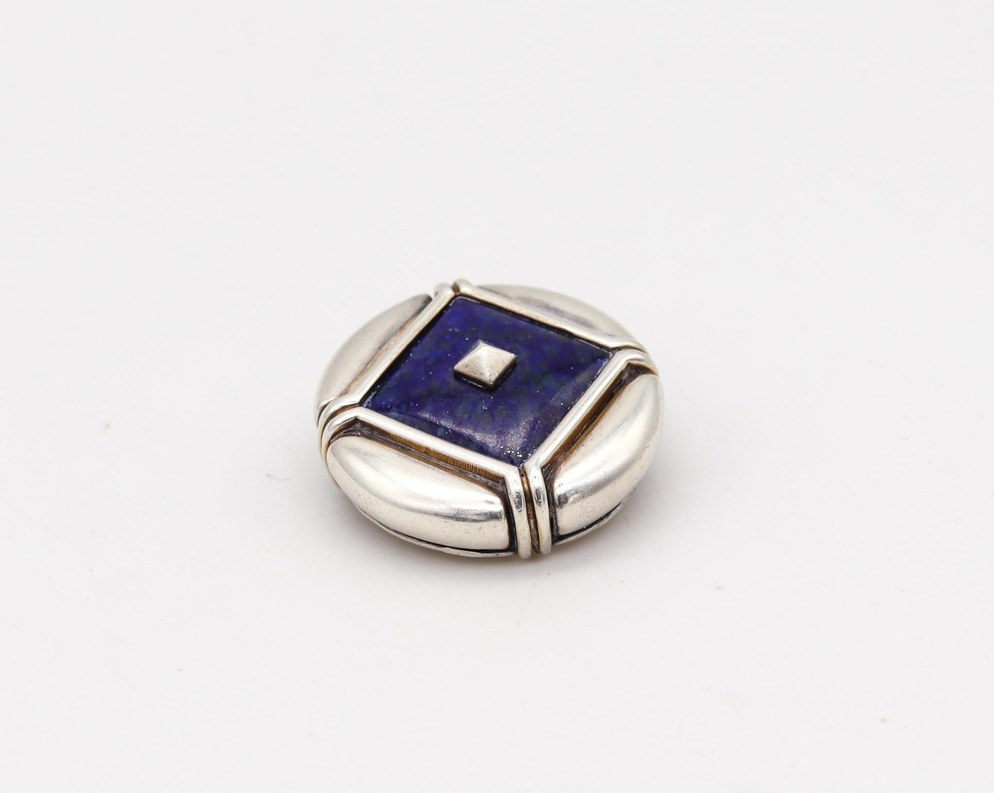 Modernist Bvlgari 1970 Roma Geometric Round Brooch in Sterling Silver with Lapis Lazuli