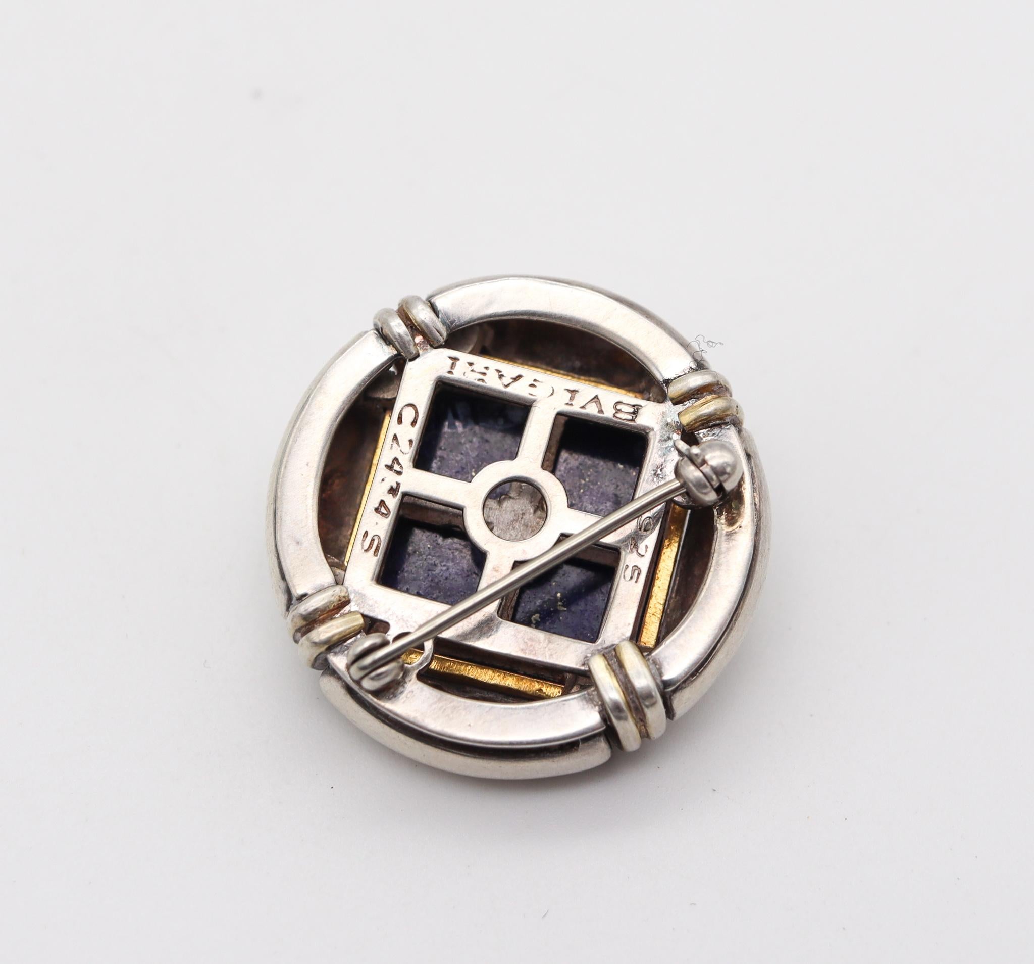 Bvlgari 1970 Roma Geometric Round Brooch in Sterling Silver with Lapis Lazuli In Excellent Condition In Miami, FL