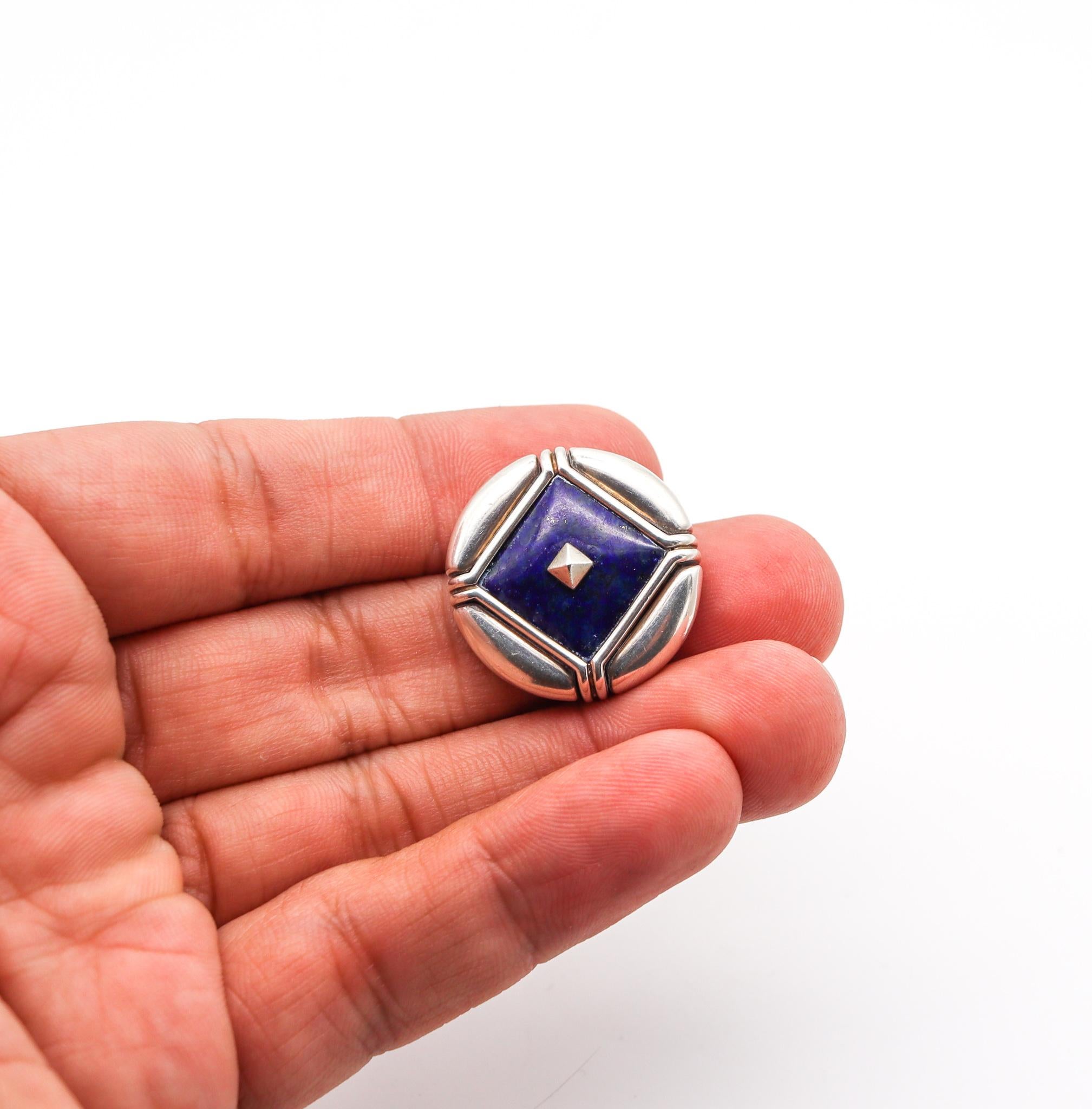Women's Bvlgari 1970 Roma Geometric Round Brooch in Sterling Silver with Lapis Lazuli
