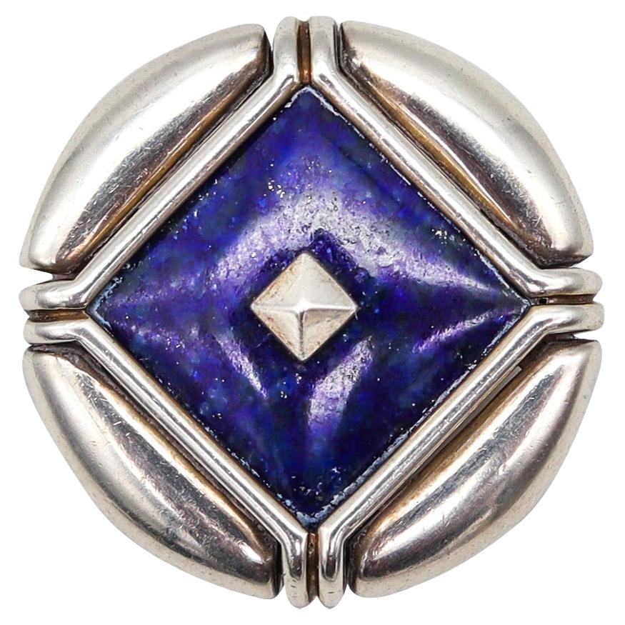 Bvlgari 1970 Roma Geometric Round Brooch in Sterling Silver with Lapis Lazuli
