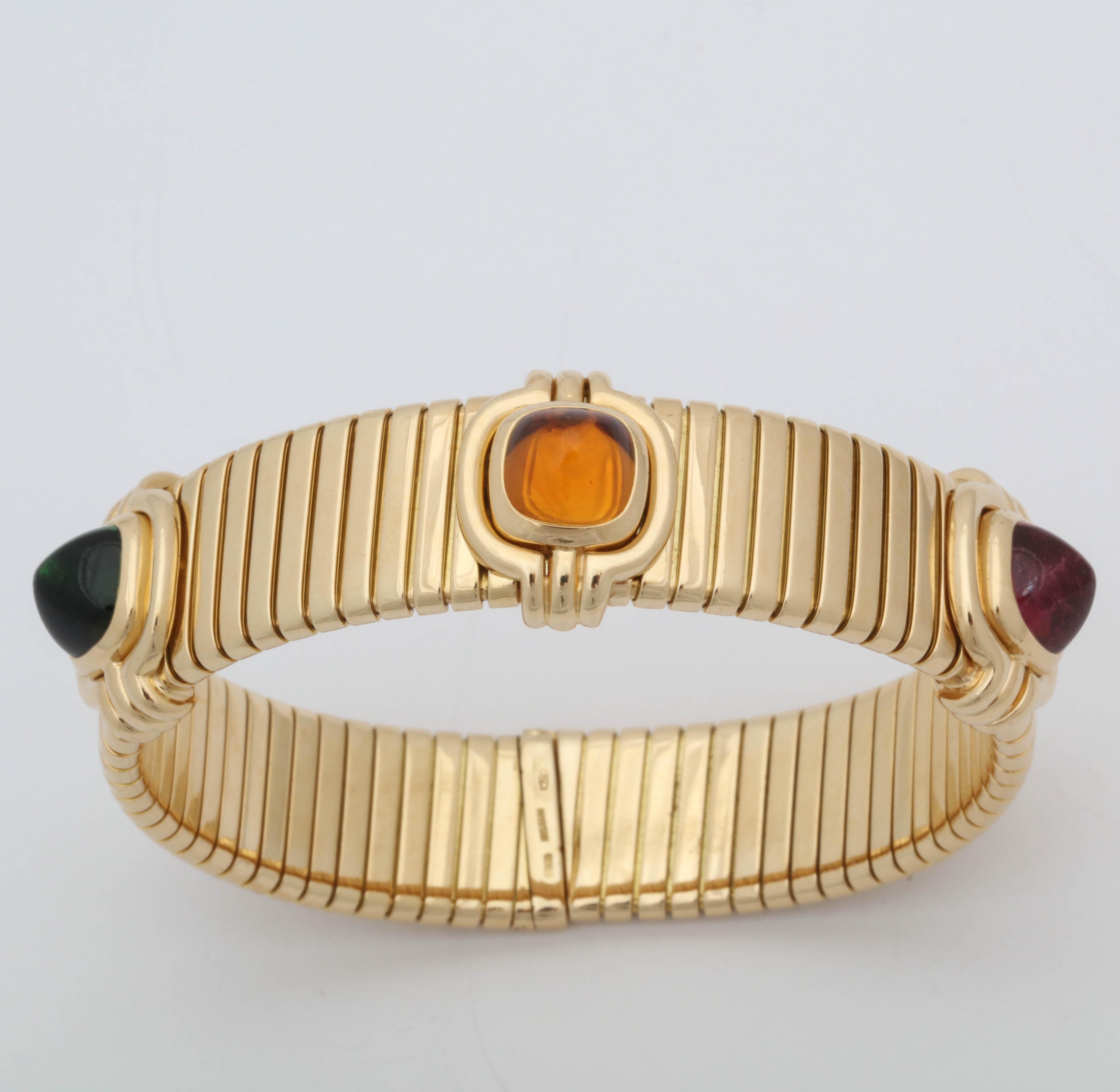 Bvlgari 1980s Sugarloaf Cut Rubelite, Citrine, Tourmaline Gold Tubogas, Bracelet In Good Condition In New York, NY