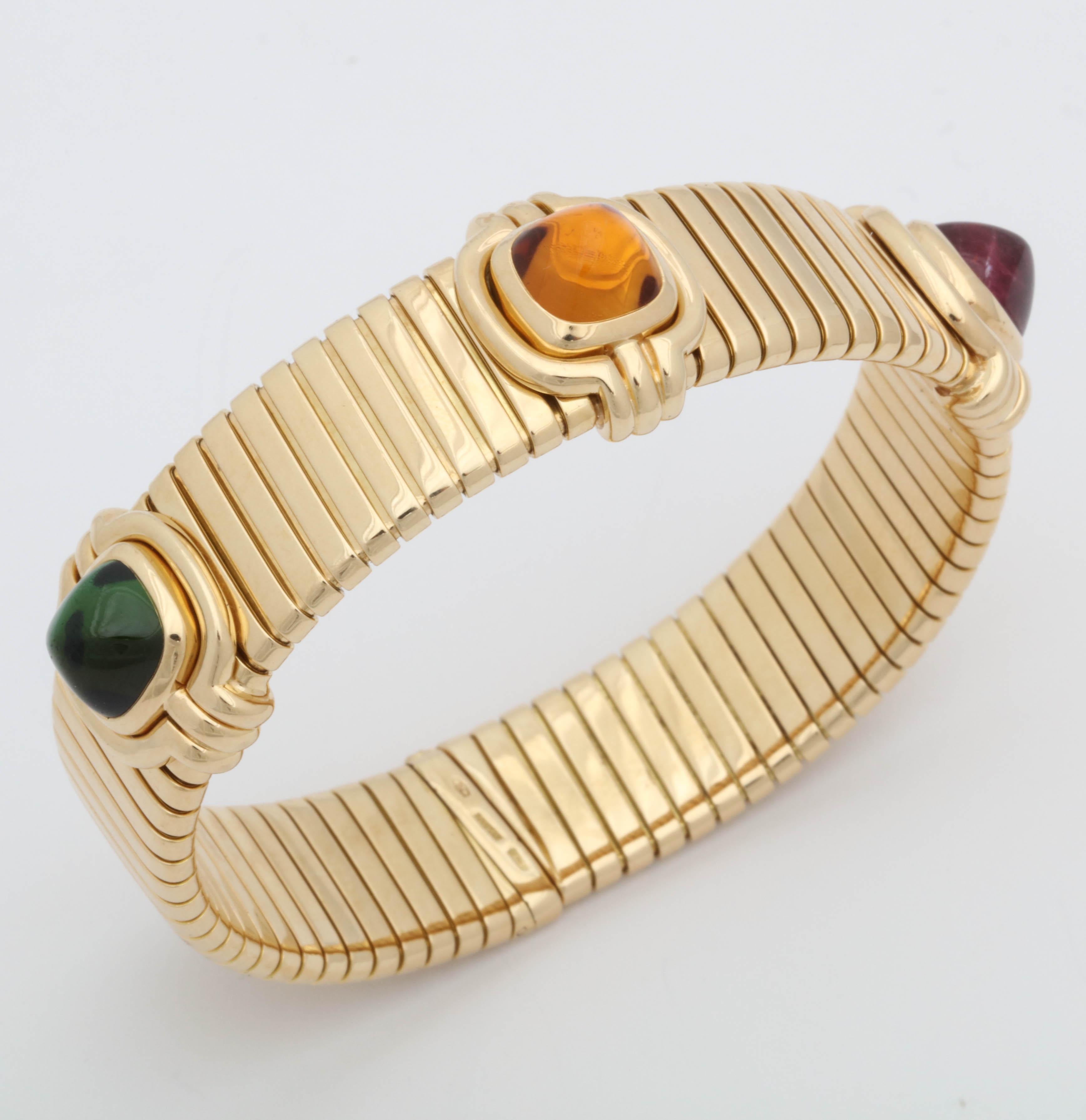 Women's or Men's Bvlgari 1980s Sugarloaf Cut Rubelite, Citrine, Tourmaline Gold Tubogas, Bracelet