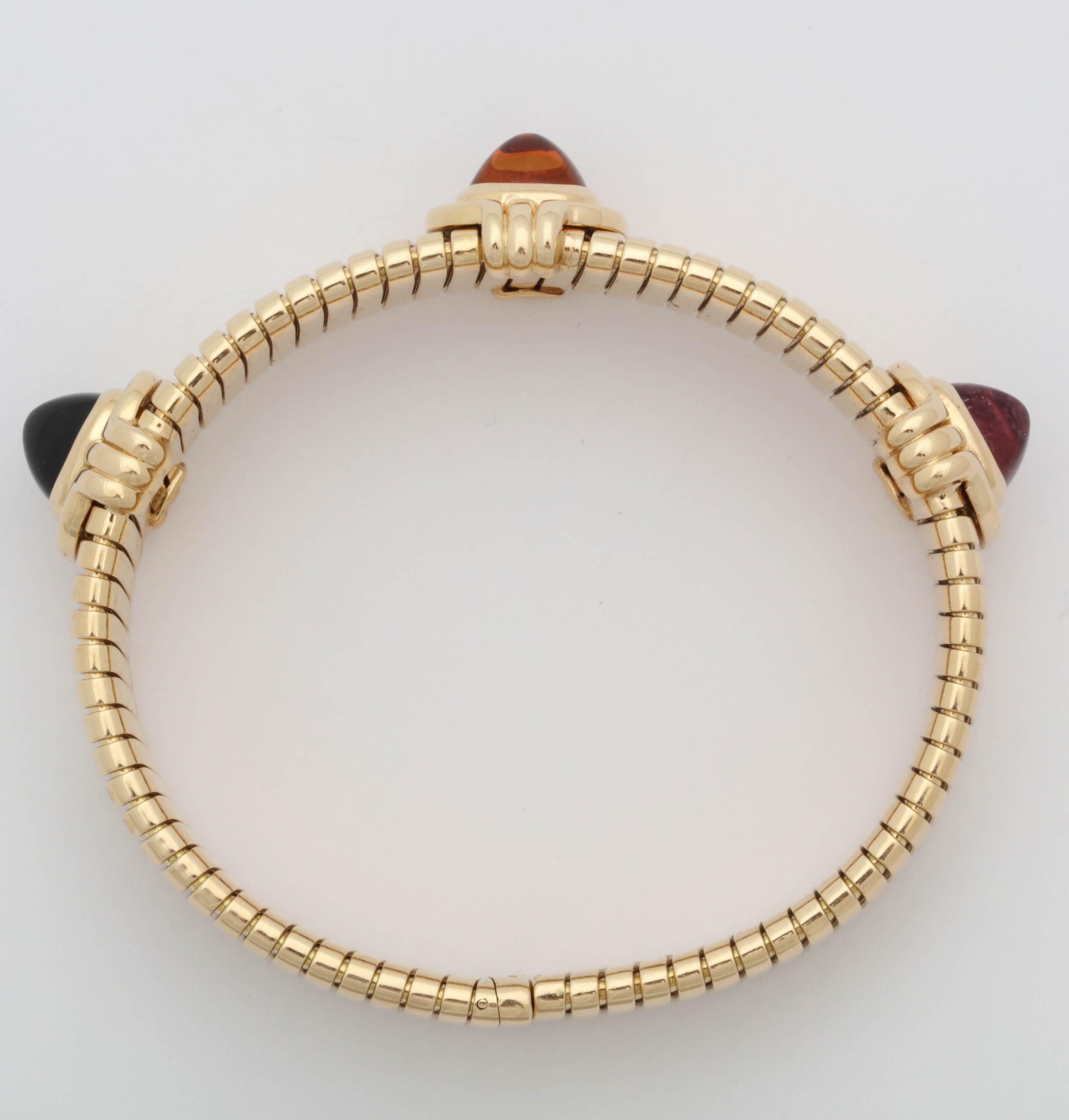 Bvlgari 1980s Sugarloaf Cut Rubelite, Citrine, Tourmaline Gold Tubogas, Bracelet 1