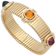 Bvlgari 1980s Sugarloaf Cut Rubelite, Citrine, Tourmaline Gold Tubogas, Bracelet