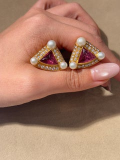 Bvlgari 1990s Pink Gemstone, Diamond and Cultured Pearl 18 Karat Gold Clip-On Ea