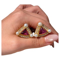 Bvlgari 1990s Pink Gemstone, Diamond and Cultured Pearl 18 Karat Gold Clip-On Ea