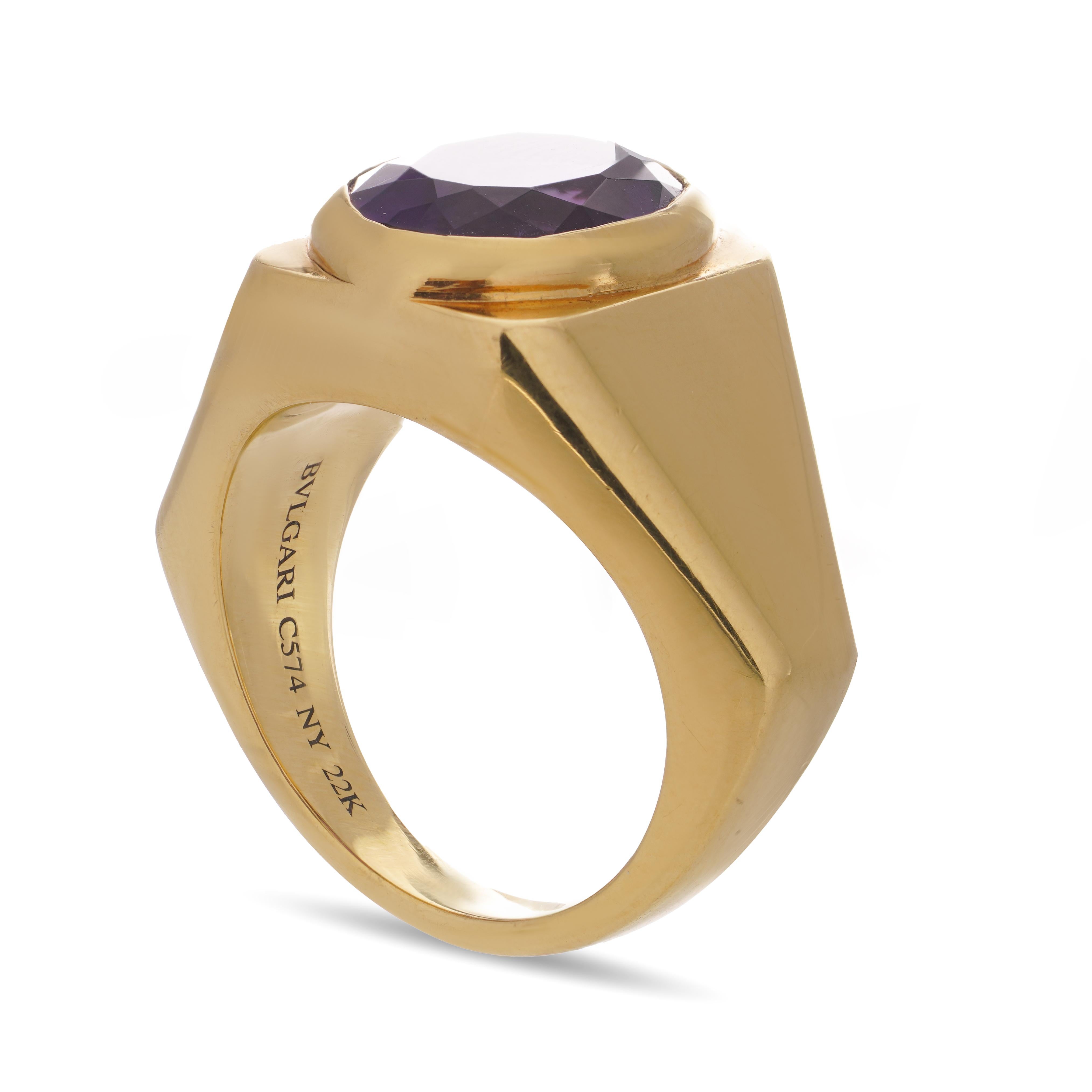 Oval Cut Bvlgari 22kt. yellow gold geometric band ring set with an oval-cut amethyst For Sale