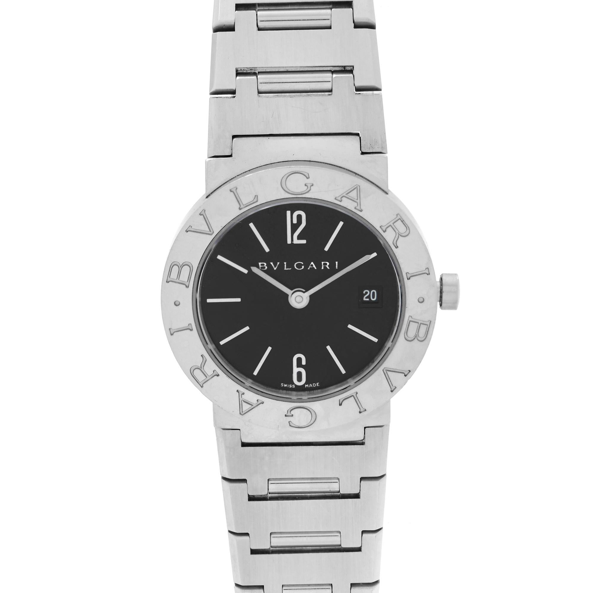 Pre-Owned Bvlgari 26mm Stainless Steel Date Black Dial Ladies Quartz Watch BB26SS. This Beautiful Timepiece Features: Stainless Steel Case and Bracelet. Fixed Steel Bezel, Black Dial with Silver-Tone Hands, and Index Hour Markers. Arabic numeral