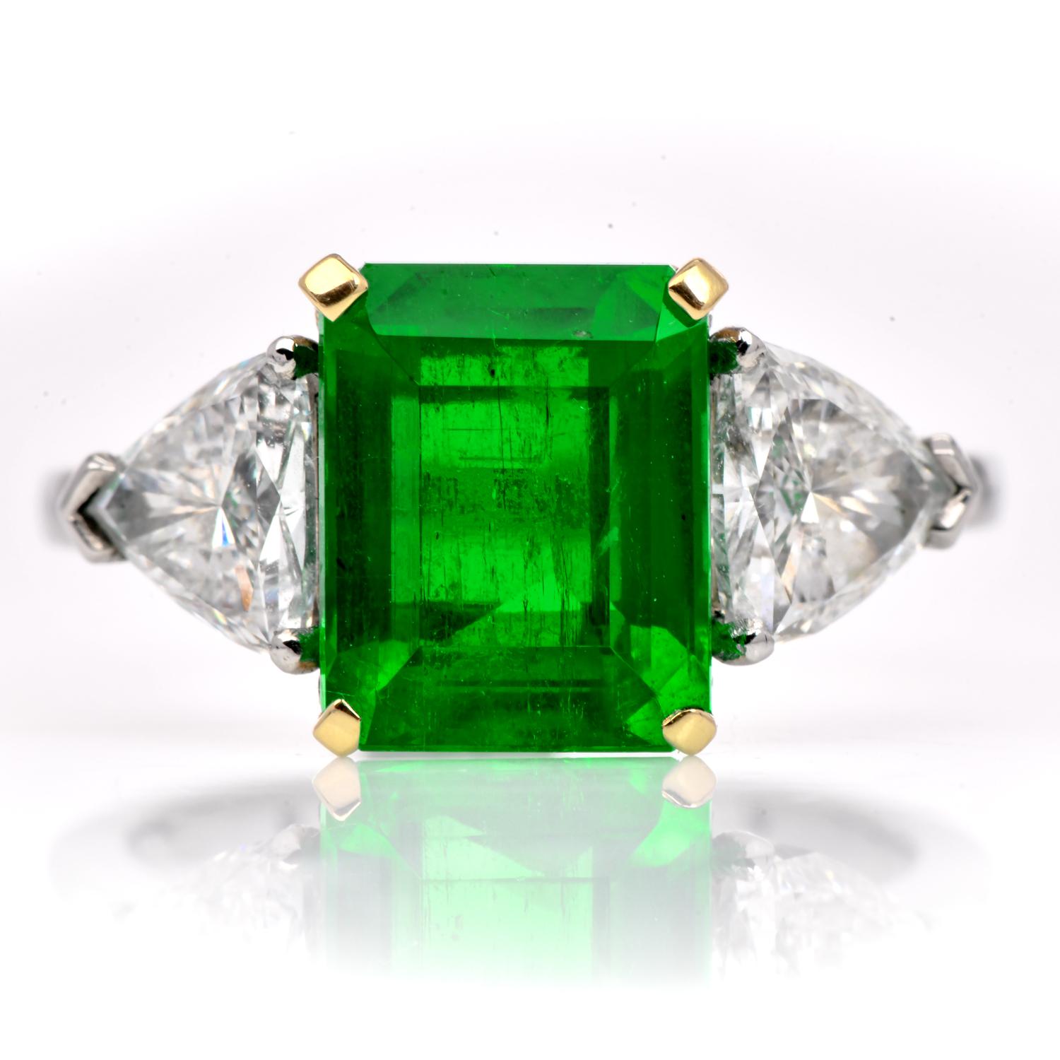 Emerald Cut BVLGARI 4.86 carats GRS Emerald Diamond Platinum Three Stone Ring