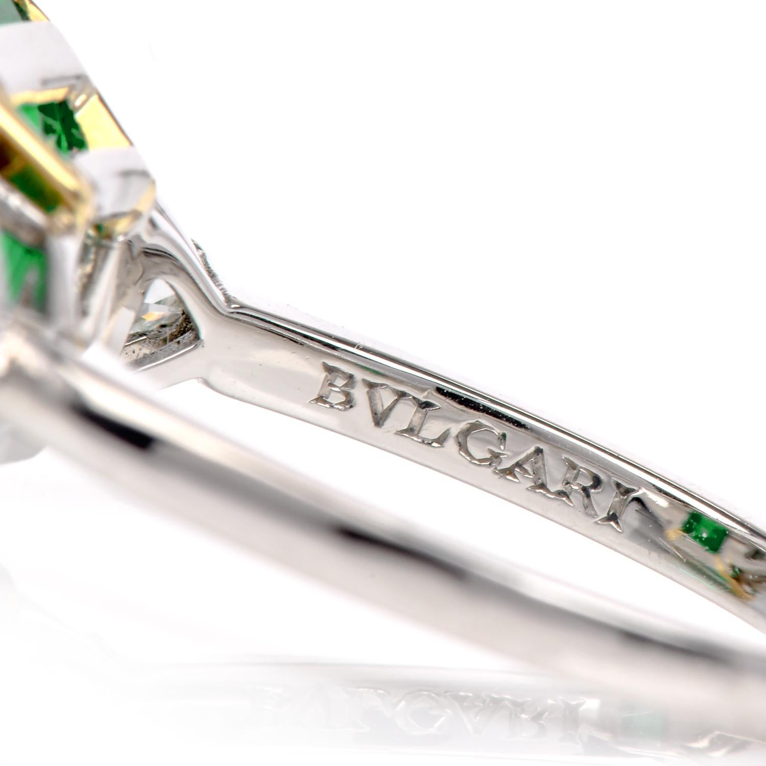 BVLGARI 4.86 carats GRS Emerald Diamond Platinum Three Stone Ring In Excellent Condition In Miami, FL