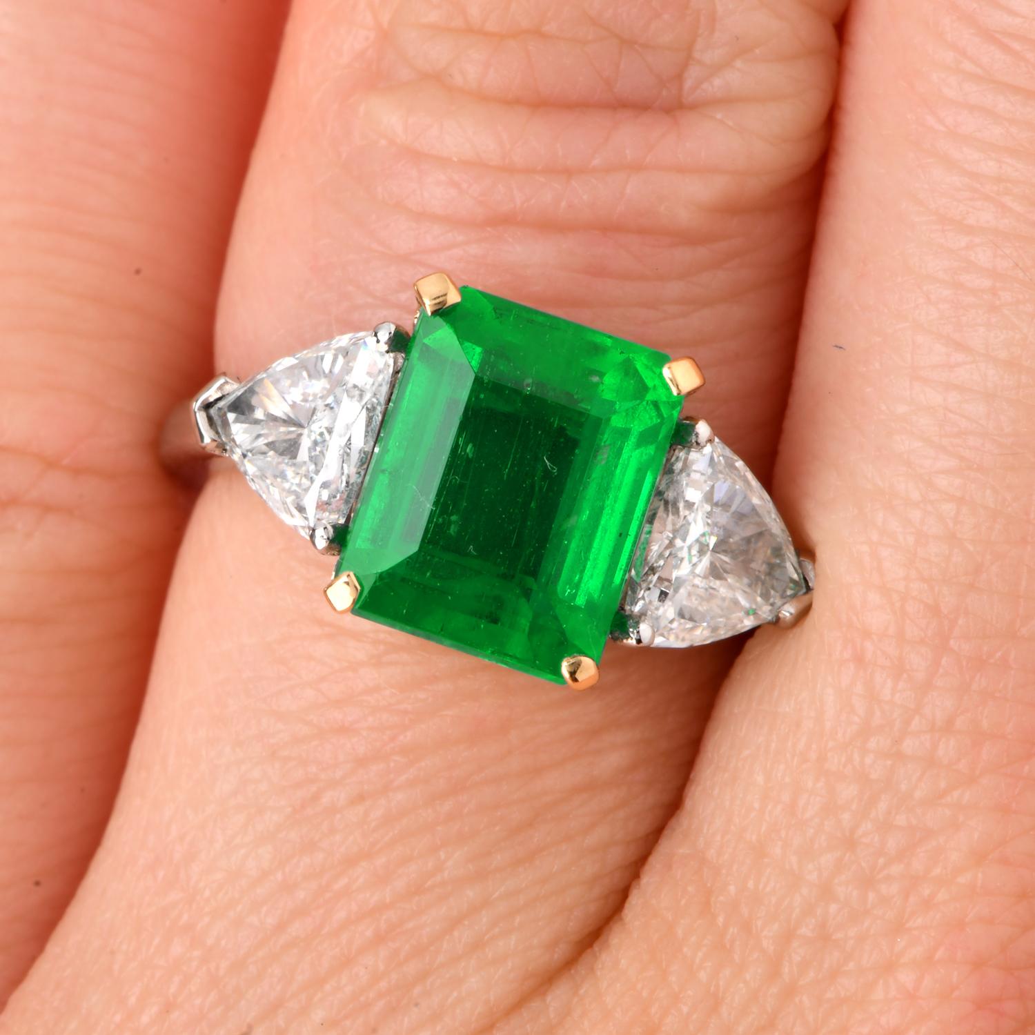 BVLGARI 4.86 carats GRS Emerald Diamond Platinum Three Stone Ring 1