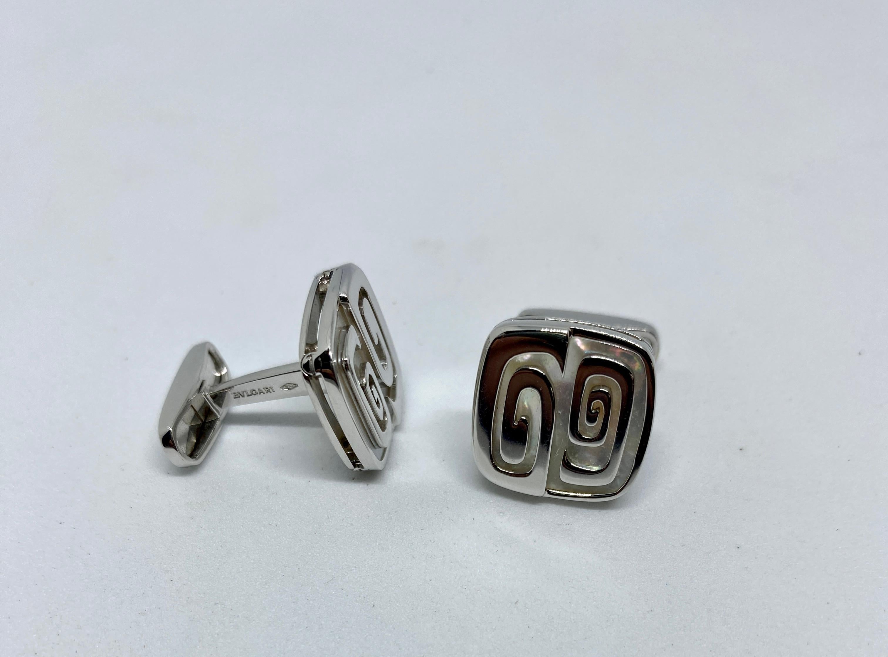 These extremely rare, modern cufflinks feature abstract forms meant to evoke the spirit of Bulgari in the early 20th Century, before the rise of fascism in Italy. In contrast to more recent BVLGARI designs, jewelry at that time typically exhibited