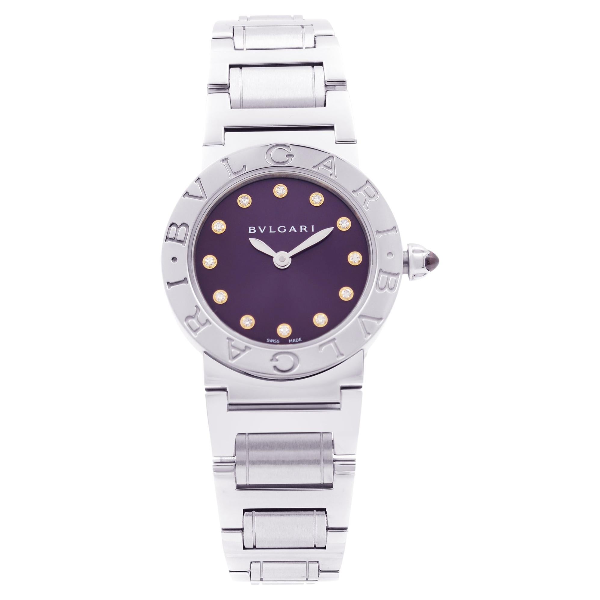 Bvlgari Acier Steel Purple Sunray Diamond Dial Quartz Ladies Watch BBL267SS/12 For Sale