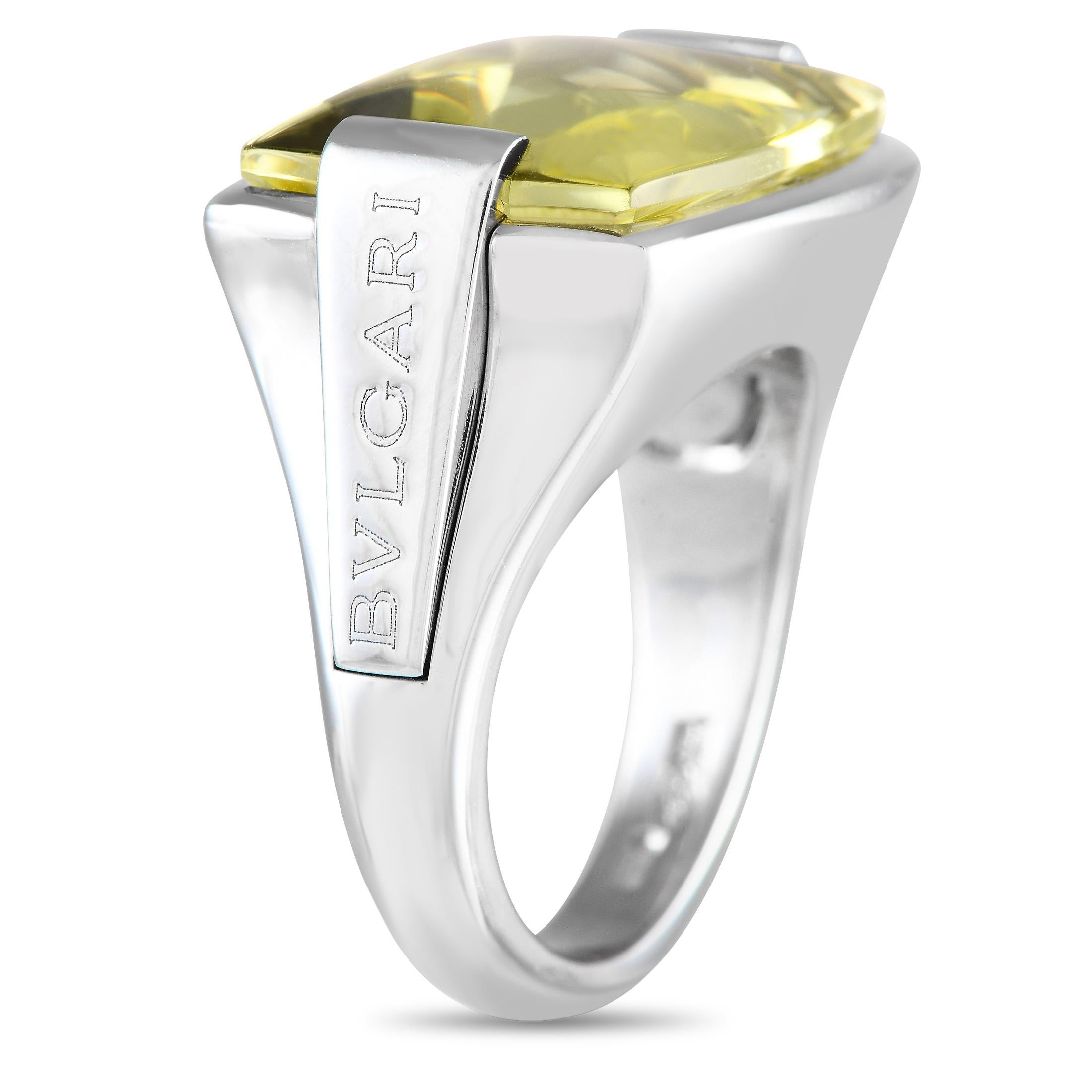 Liven up your style with a bold and bright bauble like this Bvlgari Allegra ring. Crafted in 18K white gold, this striking piece holds a large, fancy-cut, rectangular-shaped lemon citrine. The ring's top dimensions measure 15mm x 14mm. The ring has
