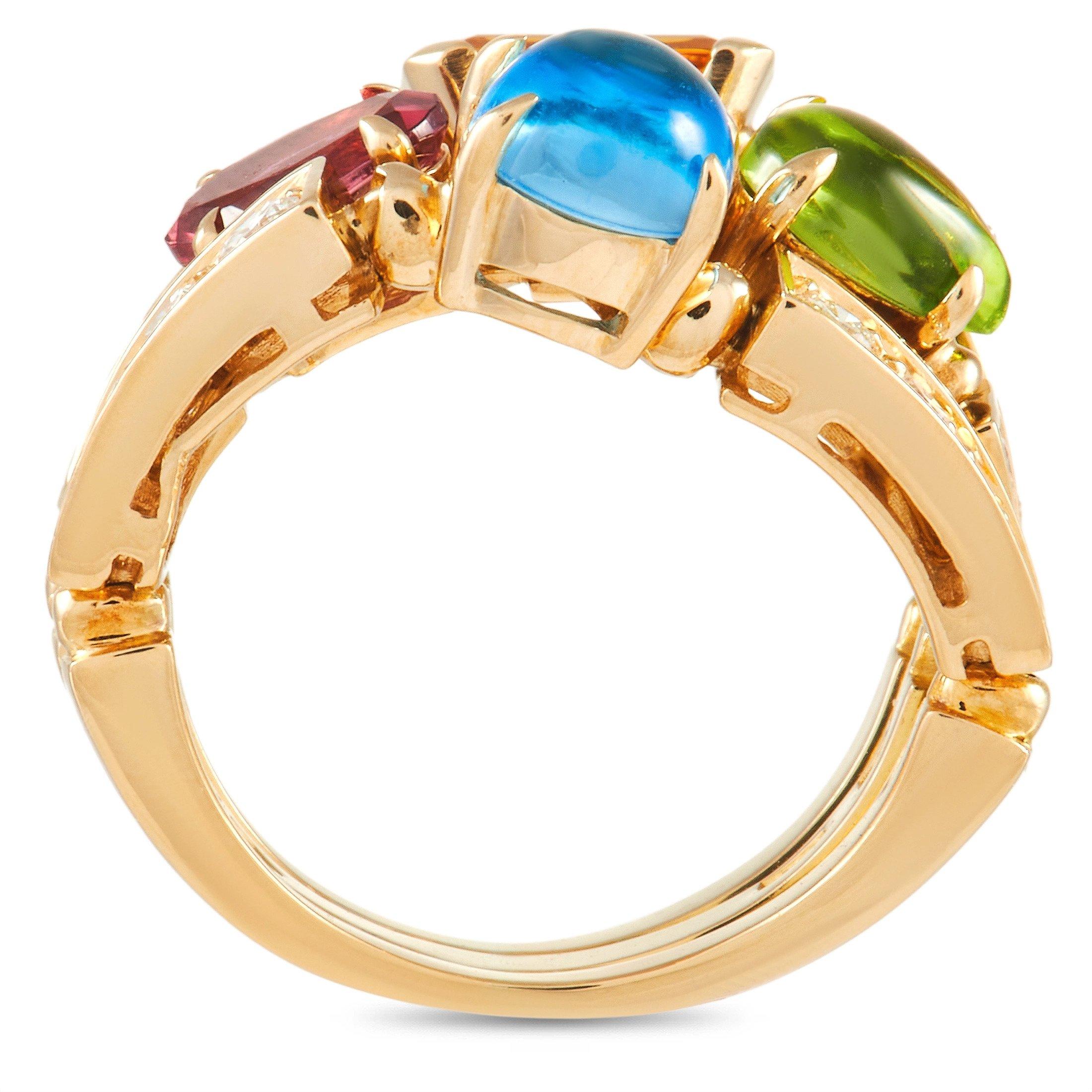 Brightly colored gemstones ensure that this Bvlgari Allegra ring never fades into the background. A luxury piece with a playful sense of style, this piece includes an 18K yellow gold setting that features a bold 10mm wide band and a 6mm top height.