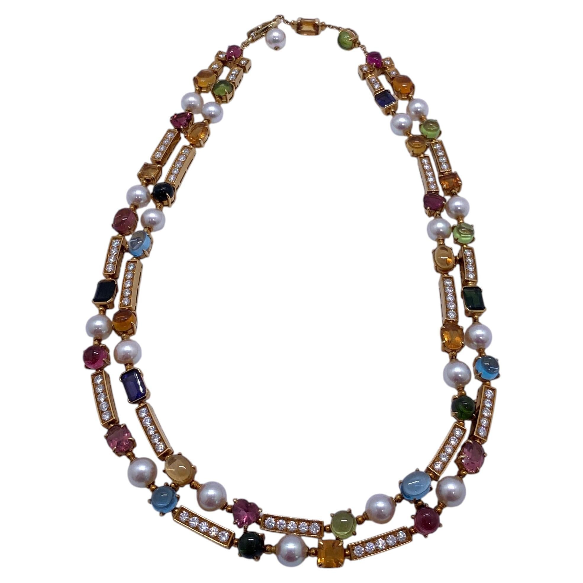 Bvlgari Allegra 18k Yellow Gold Pearls Diamonds & Multi-Gemstone Necklace