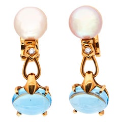 Bvlgari Allegra Cultured Pearl Diamond Blue Topaz 18k Clip On Drop Earrings