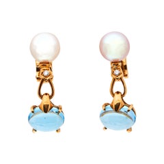 Bvlgari Allegra Cultured Pearl Diamond Blue Topaz 18k Yellow Gold Drop Earrings