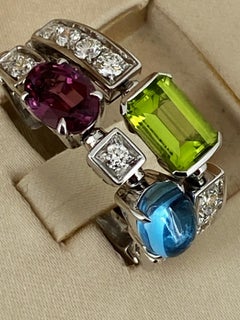 BVLGARI Allegra Multi Gem Peridot/Blue Topaz/Garnet/ Diamond 18K White Gold Ring