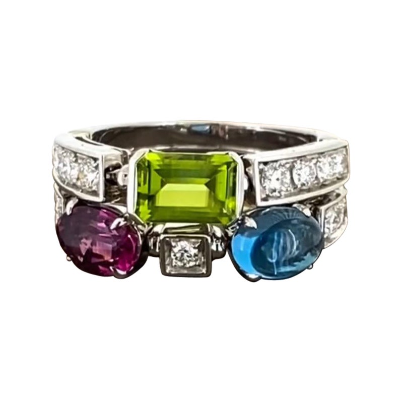 BVLGARI Allegra Multi Gem Peridot/Blue Topaz/Garnet/ Diamond 18K White Gold Ring For Sale
