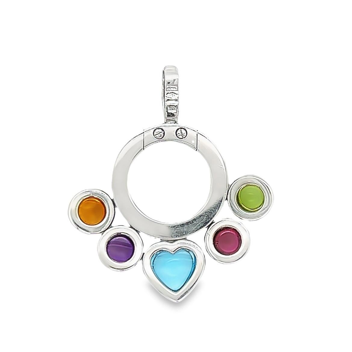 One beautiful pendant crafted by famed designer Bvlgari. The pendant is from the Allegra collection and pop's with vibrant colors. The pendant is crafted in 18k white gold and show's a high polished full circle engraved Bvlgari. The pendant has 5