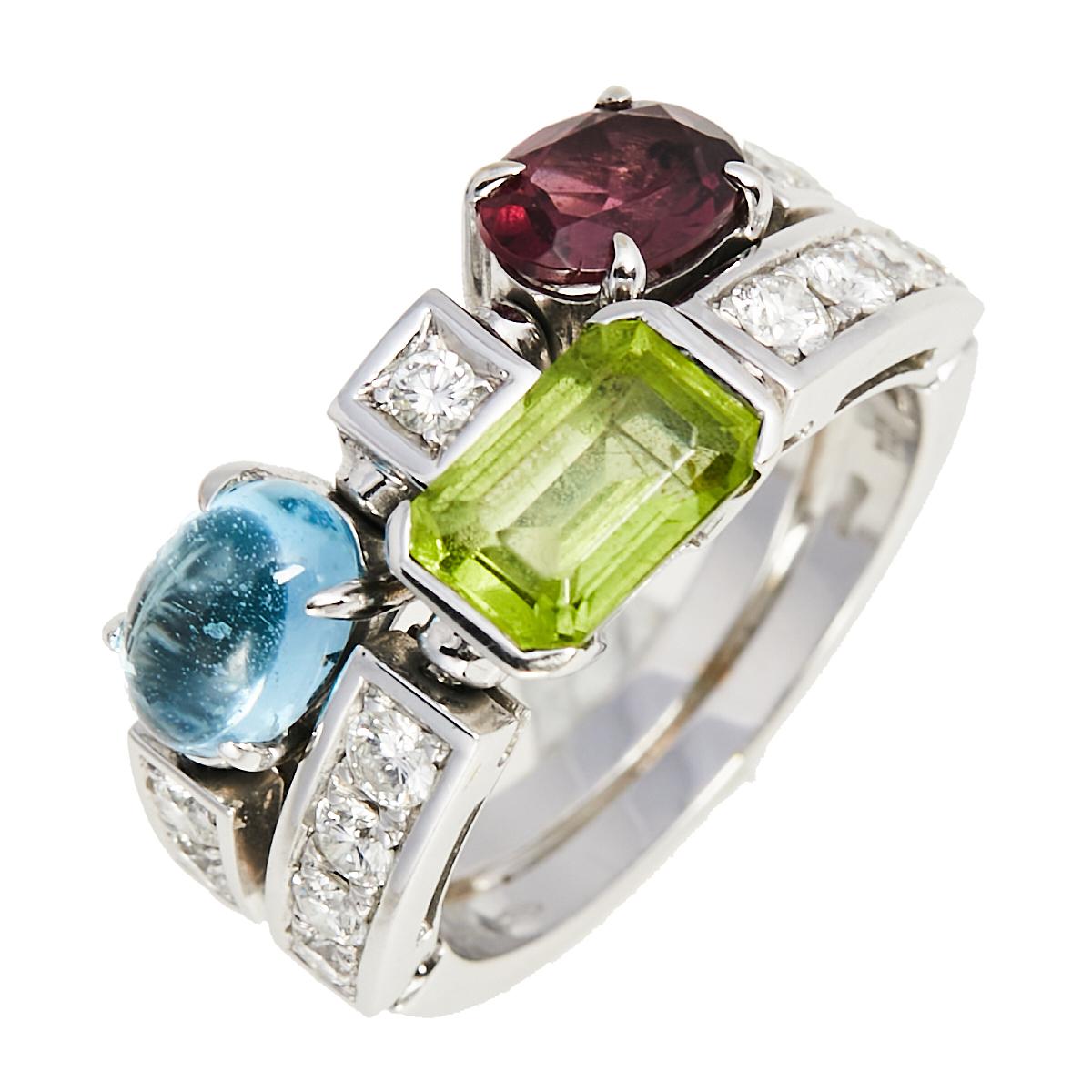 Contemporain Bvlgari Bague cocktail Allegra en or blanc 18 carats avec pierres précieuses multicolores et diamants 53