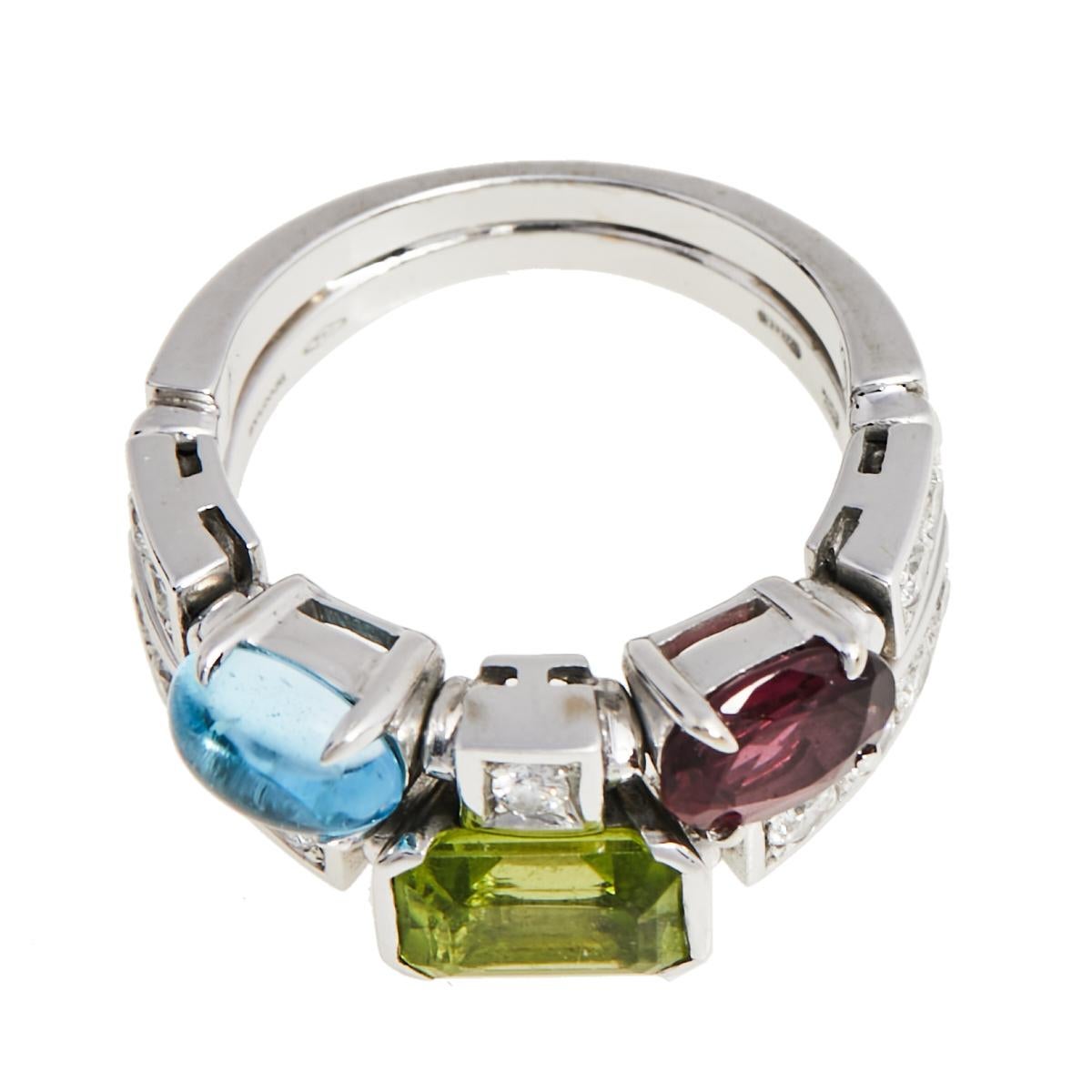 Contemporary Bvlgari Allegra Multicolored Gemstone Diamond 18K White Gold Cocktail Ring 53