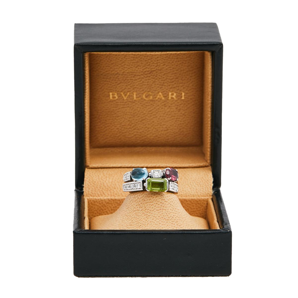 Bvlgari Bague cocktail Allegra en or blanc 18 carats avec pierres précieuses multicolores et diamants 53 4