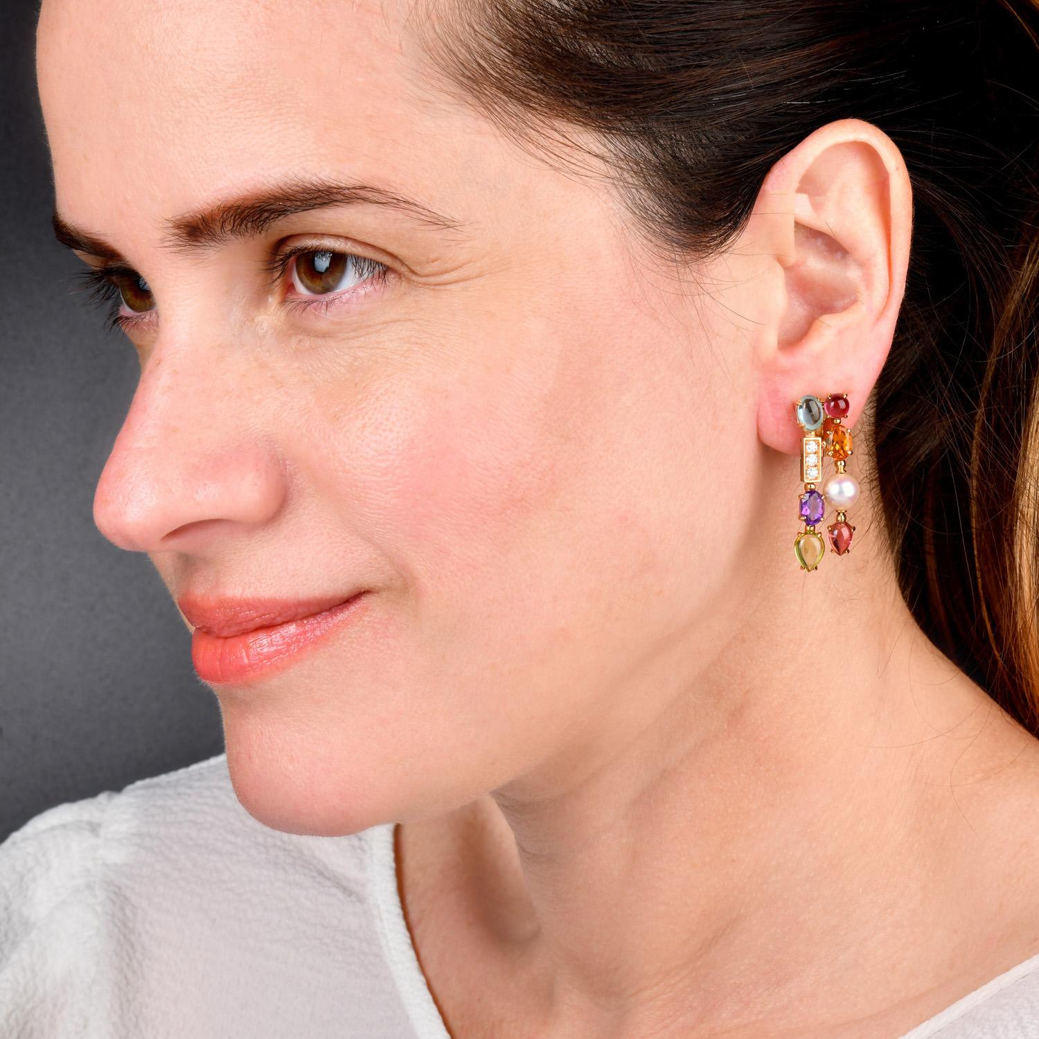 Oval Cut Bvlgari Allegra Multistone & Pearl Drop 18K Gold Earrings For Sale