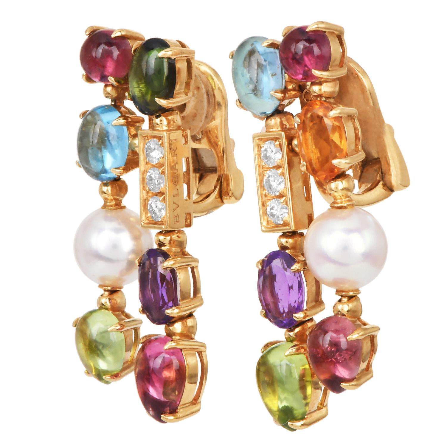 Bvlgari Allegra Multistone & Pearl Drop 18K Gold Earrings In Excellent Condition For Sale In Miami, FL