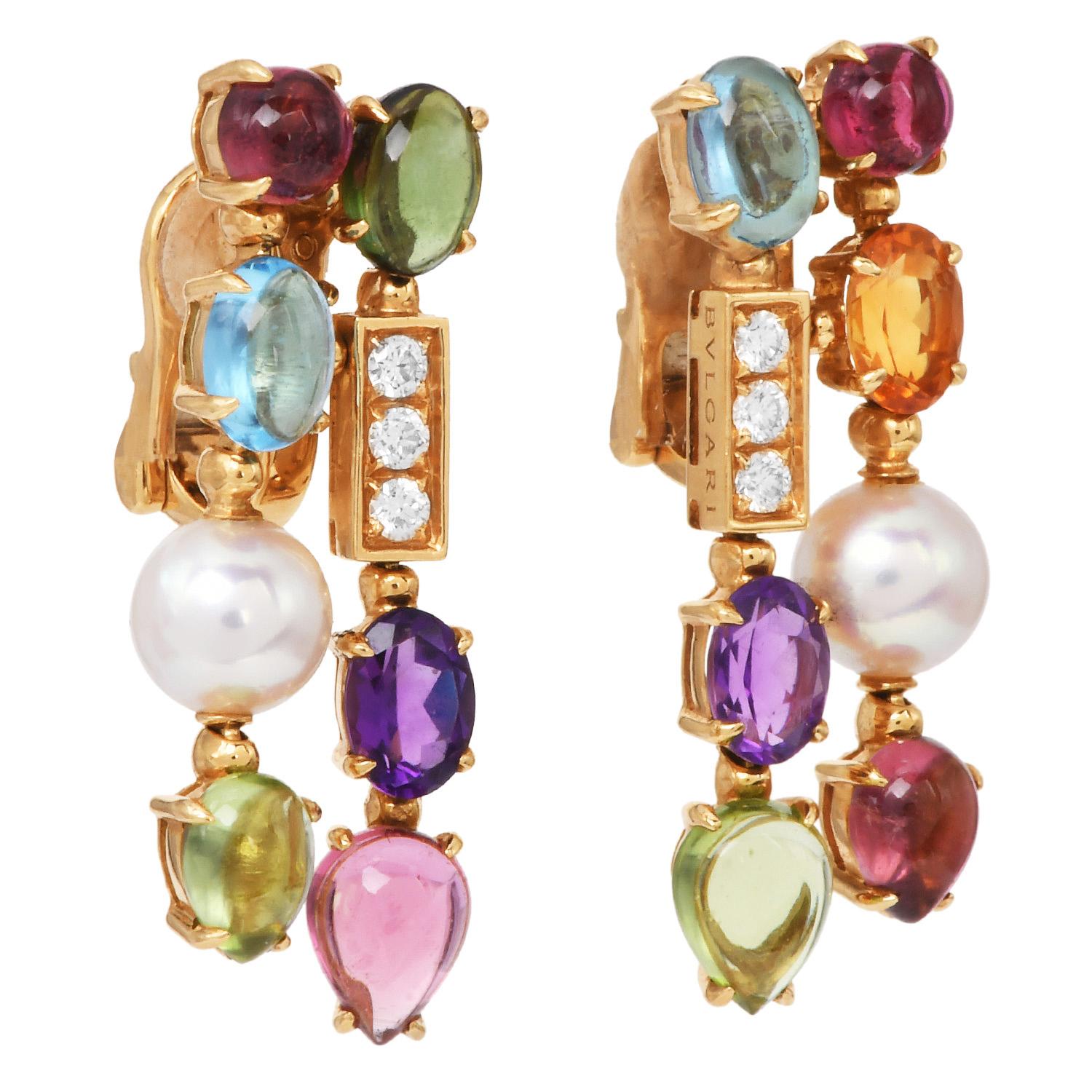 Bvlgari Allegra Multistone & Pearl Drop 18K Gold Earrings For Sale 1