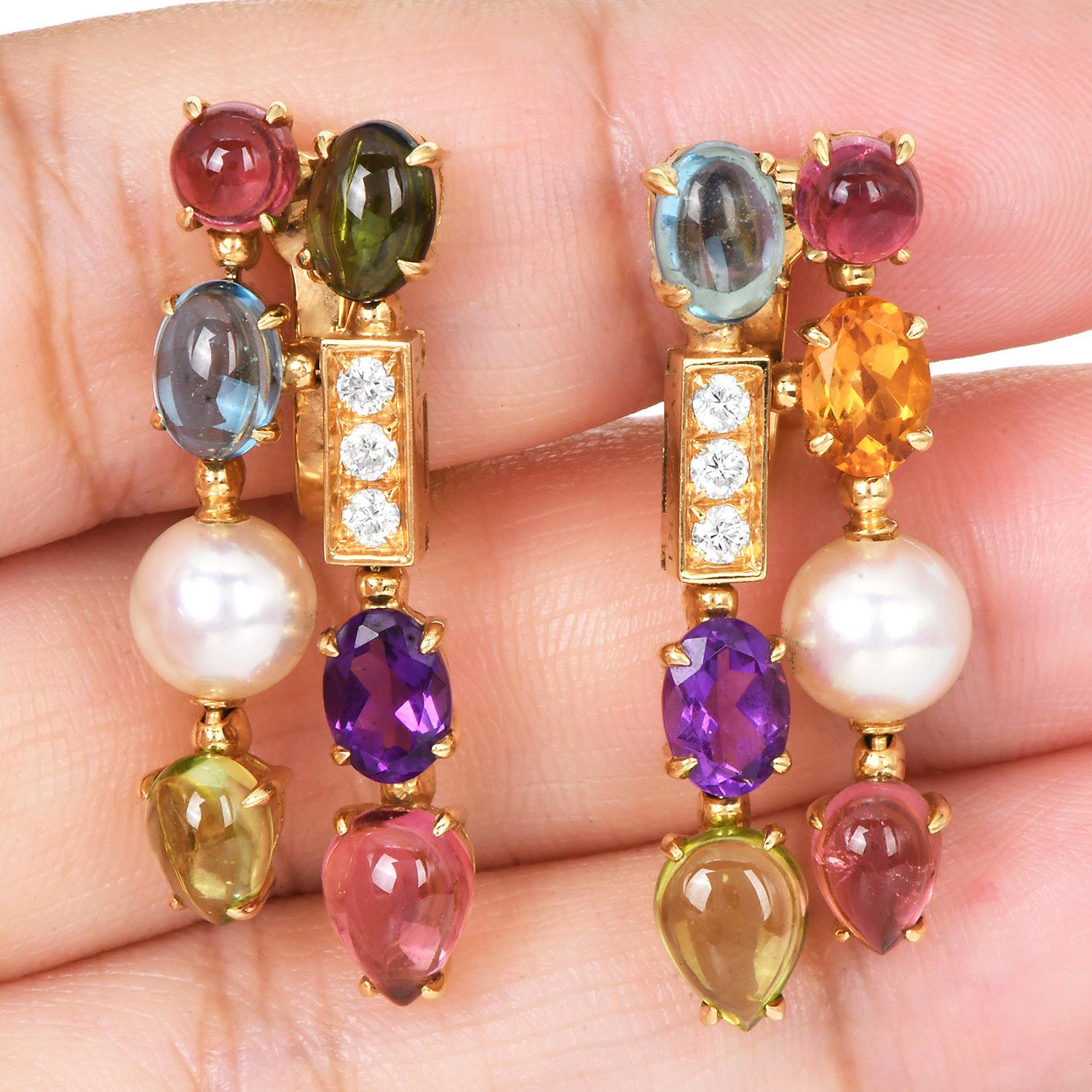 Bvlgari Allegra Multistone & Pearl Drop 18K Gold Earrings For Sale 2