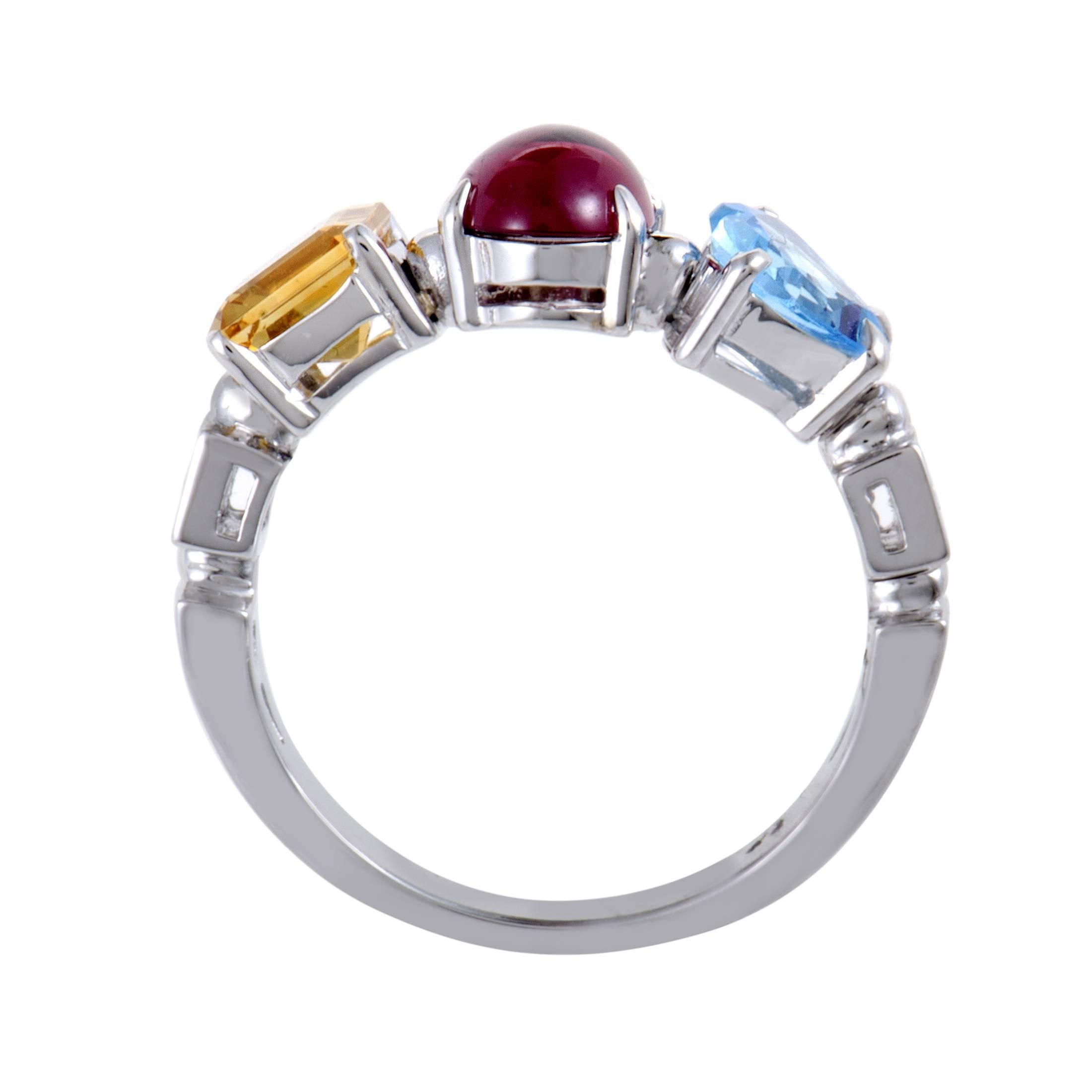 Focusing on the spellbinding intrinsic allure of carefully selected and remarkably cut gems, Bvlgari present this fascinating 18K white gold ring which is embellished with 0.08ct of glistening diamonds as well as gorgeous citrine, delightful pink