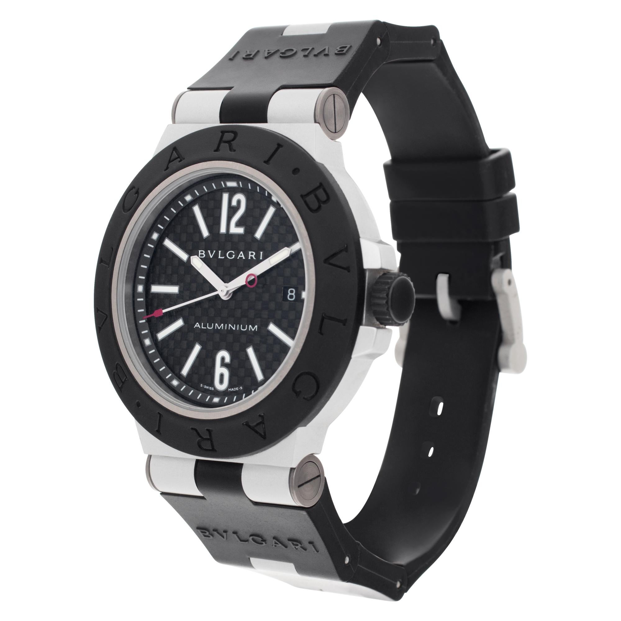 Bvlgari Aluminium in titanium case with rubber bezel on a rubber strap with tang buckle and carbon fiber dial. Auto w/ sweep seconds and date. 44 mm case size. With box. Ref AL 44 TA. Circa 2015 Fine Pre-owned Bvlgari / Bulgari Watch.

Certified