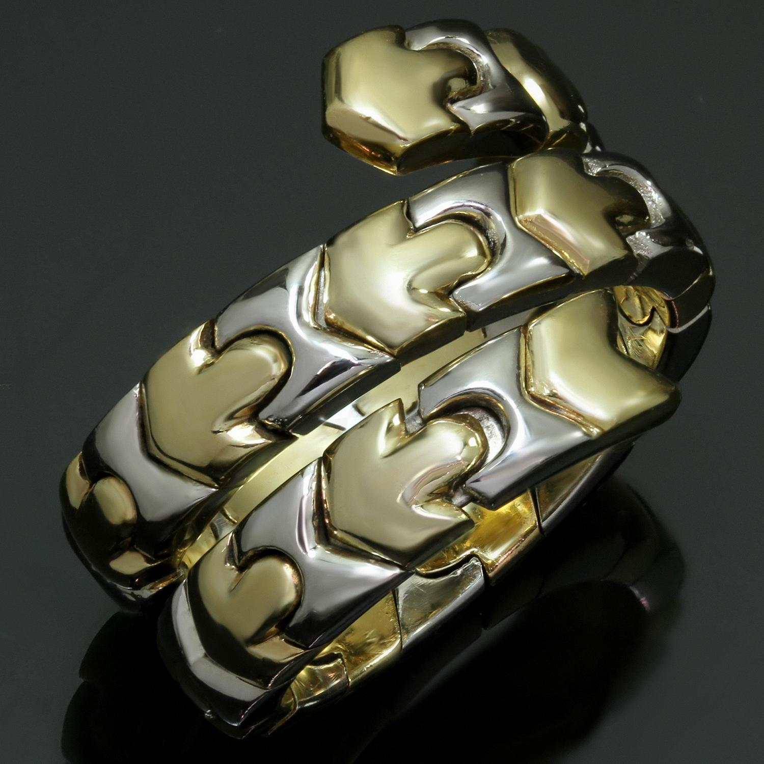 BVLGARI Alveare Yellow & White Two-Tone Gold Coil Ring Size 52 In Excellent Condition For Sale In New York, NY