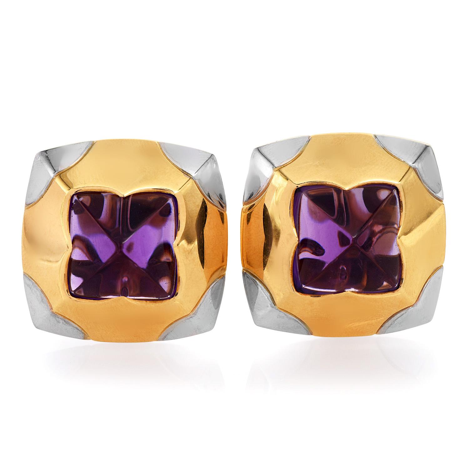 Exquisite two-tone style, Bvlgary Pyramid Earrings. 

Crafted in 18K yellow & white gold, there are 2 Sugarloaf cabochon Amethyts in the center, Weighing approx. 20 carats, bezel-set, in an exceptional masterly polished finish.

They measure