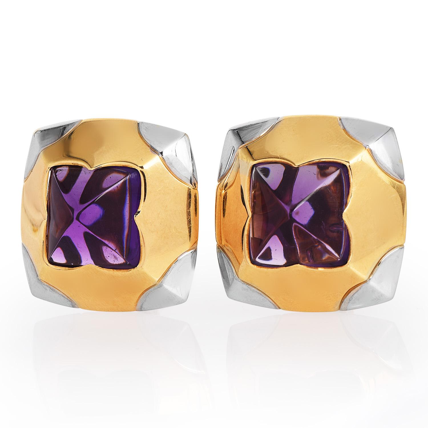 Sugarloaf Cabochon Bvlgari Amethyst 18K Gold Pyramid Collection Clip On Earrings