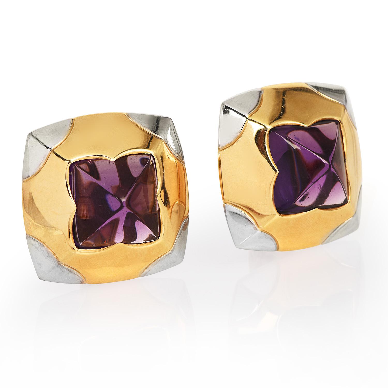 Women's Bvlgari Amethyst 18K Gold Pyramid Collection Clip On Earrings