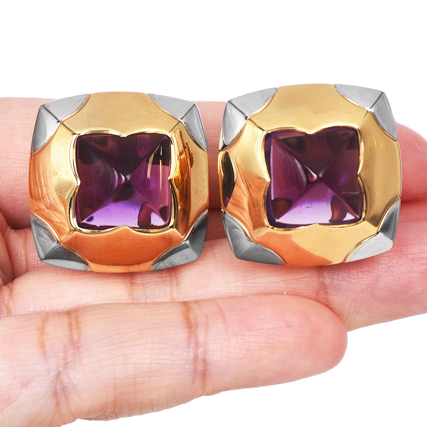 Bvlgari Amethyst 18K Gold Pyramid Collection Clip On Earrings 2