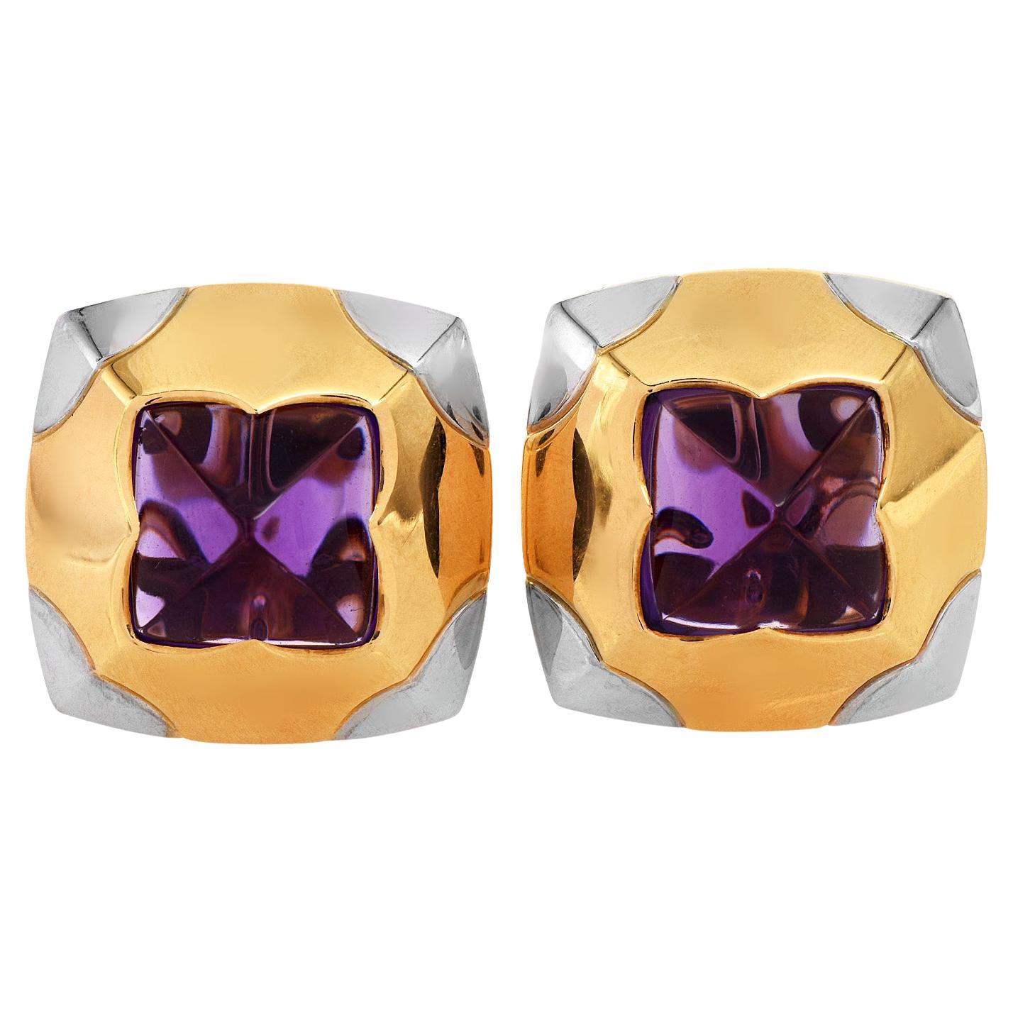 Bvlgari Amethyst 18K Gold Pyramid Collection Clip On Earrings