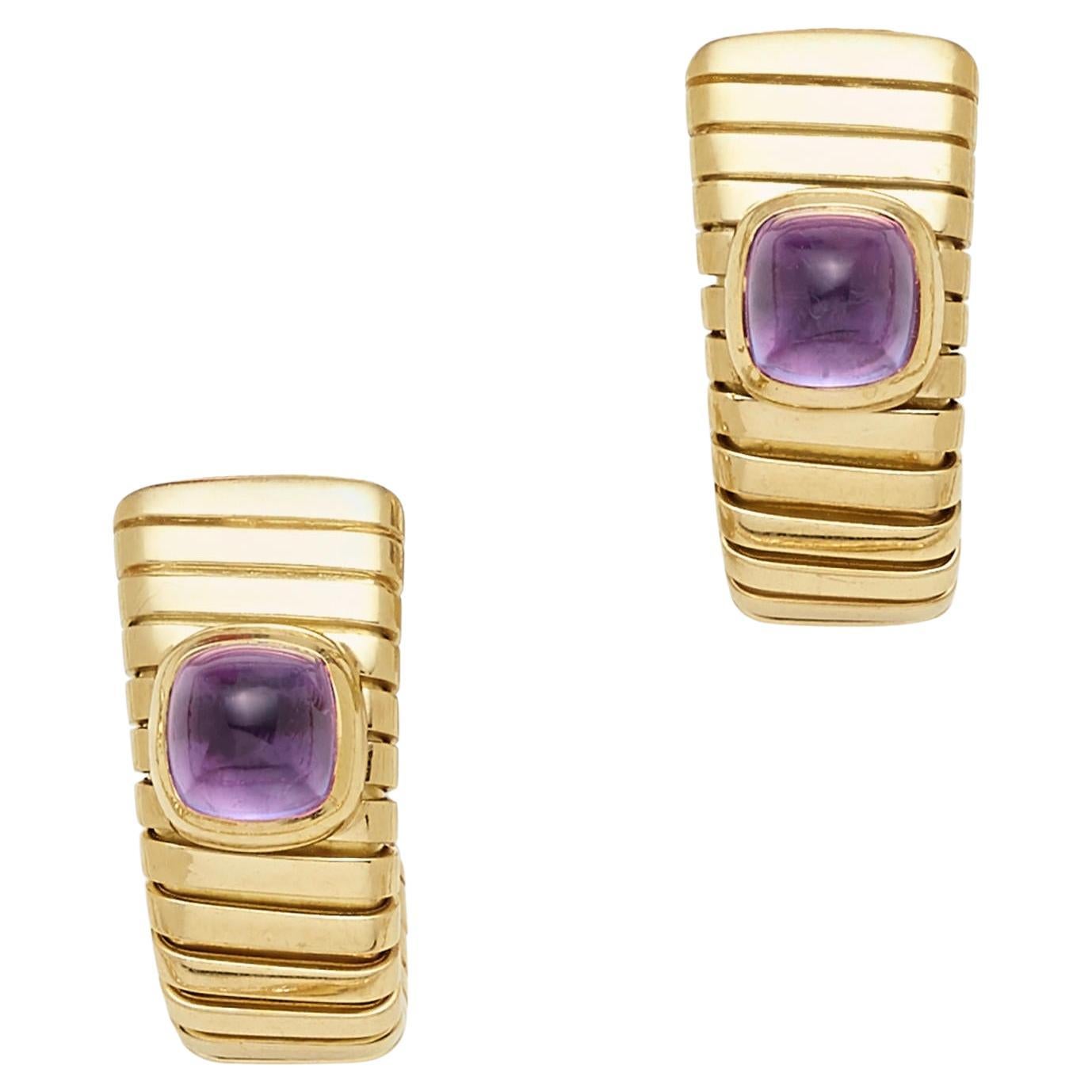 Bvlgari Amethyst and 18k Gold Tubogas Earrings Gross Weight: 27.9g Length: 1" For Sale