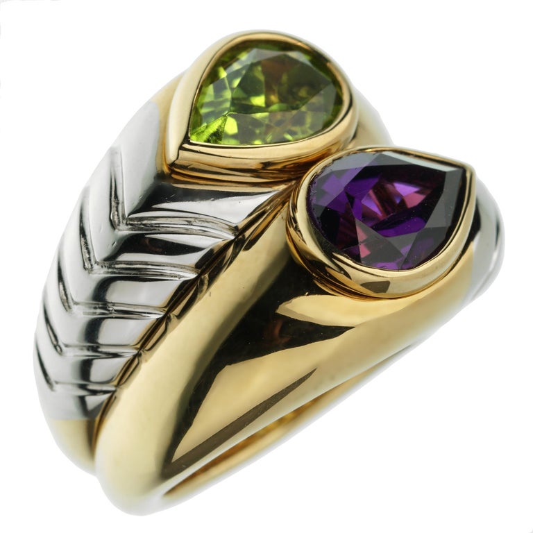 Pear Cut Bvlgari Amethyst Peridot Bypass Cocktail Gold Ring For Sale