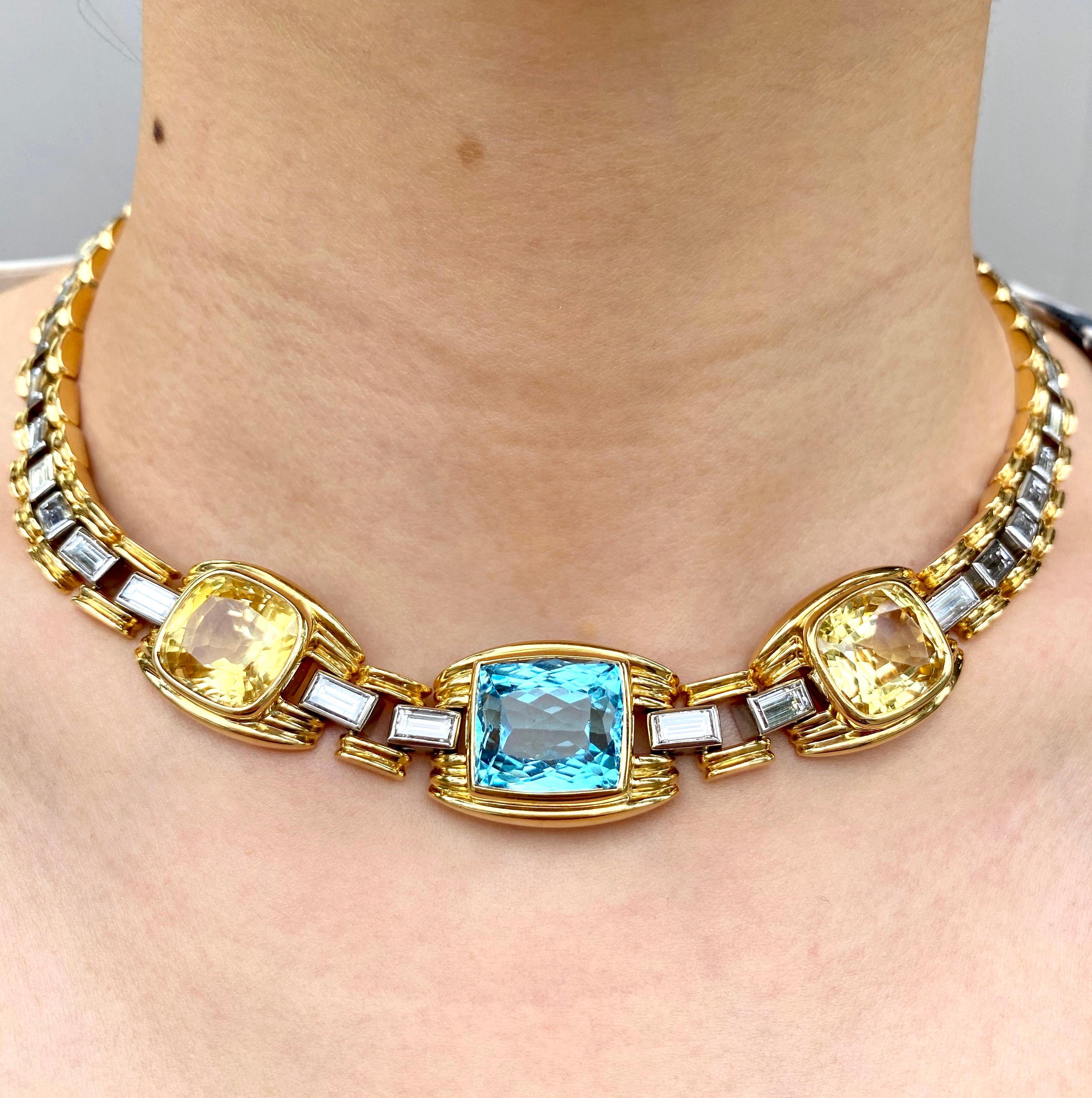 Bvlgari Aquamarine, Yellow Sapphire and Diamond Yellow Gold Necklace In Good Condition In Greenwich, CT