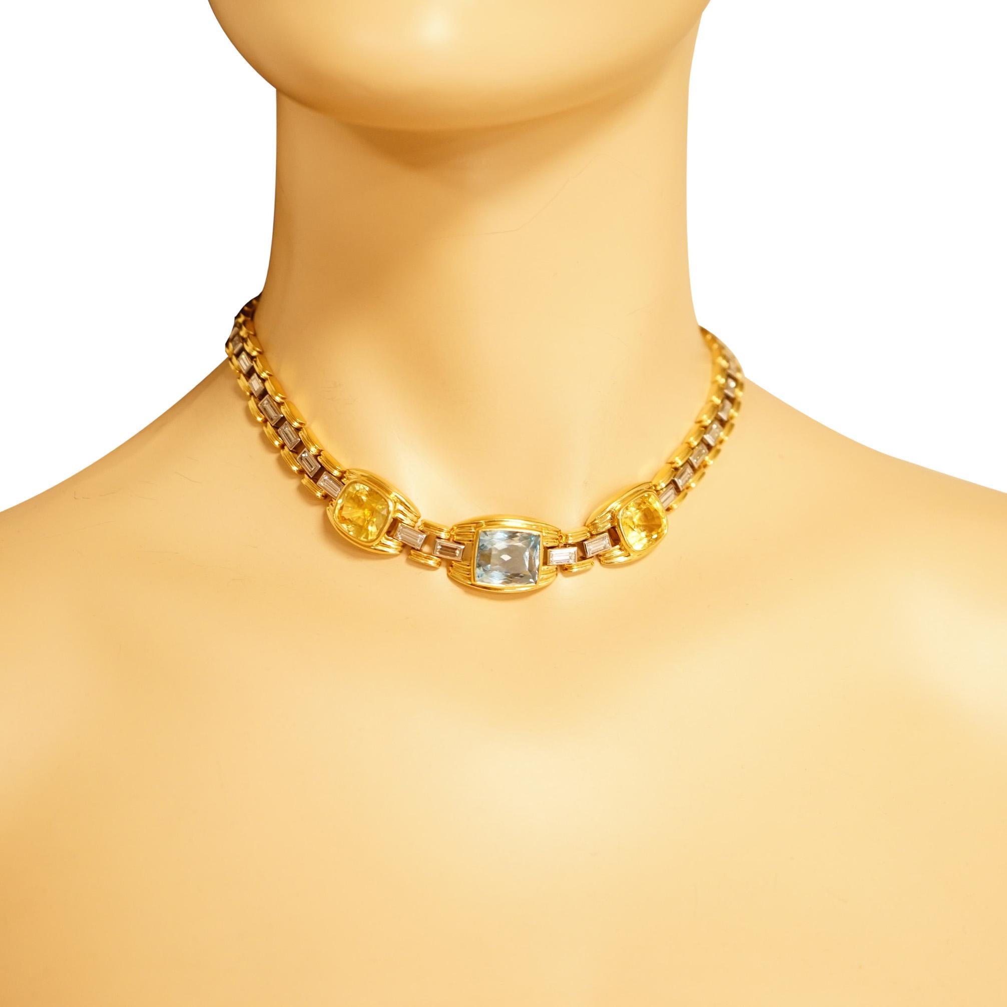 Cushion Cut Bvlgari Aquamarine, Yellow Sapphire and Diamond Yellow Gold Necklace