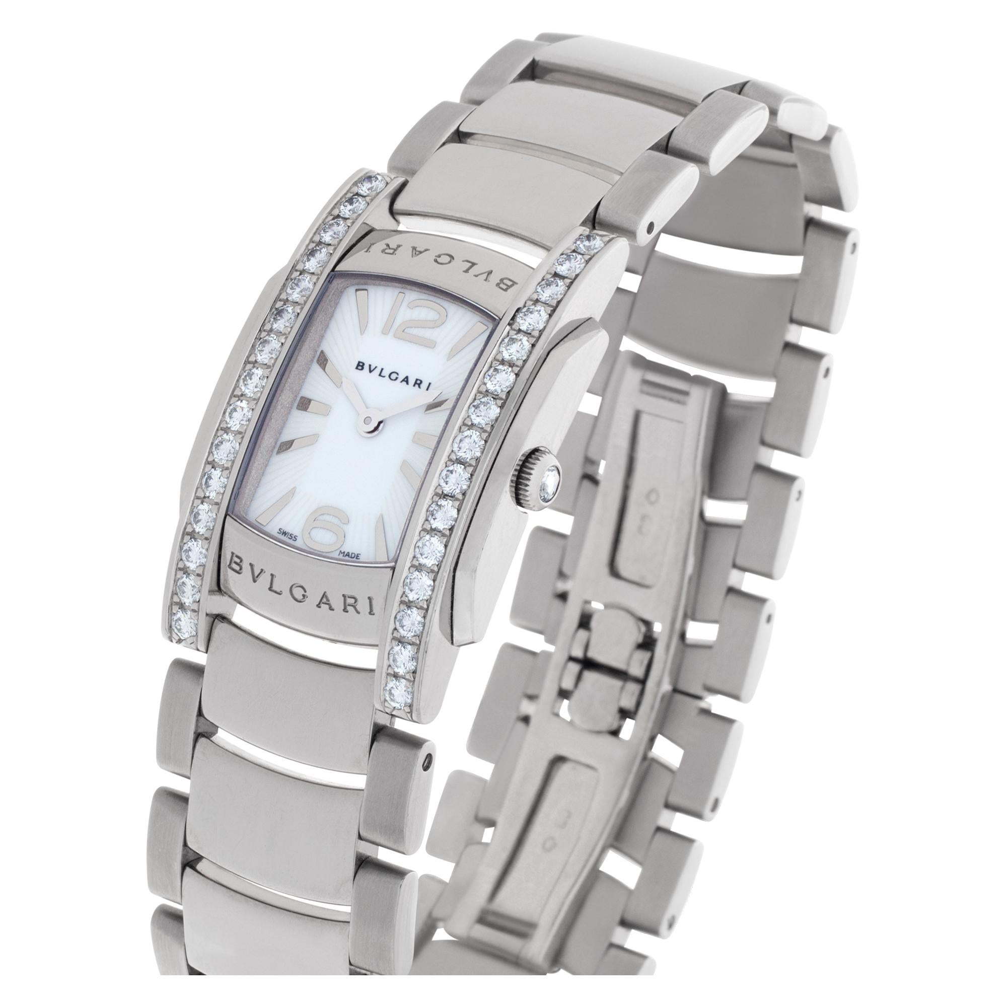 Bvlgari Assioma with diamond case in 18k white gold with diamond crown. Quartz. Ref AAW31WGD1G. Circa 2000s. Fine Pre-owned Bvlgari / Bulgari Watch.

Certified preowned Dress Bvlgari Assioma AAW31WGD1G watch is made out of white gold on a 18k White