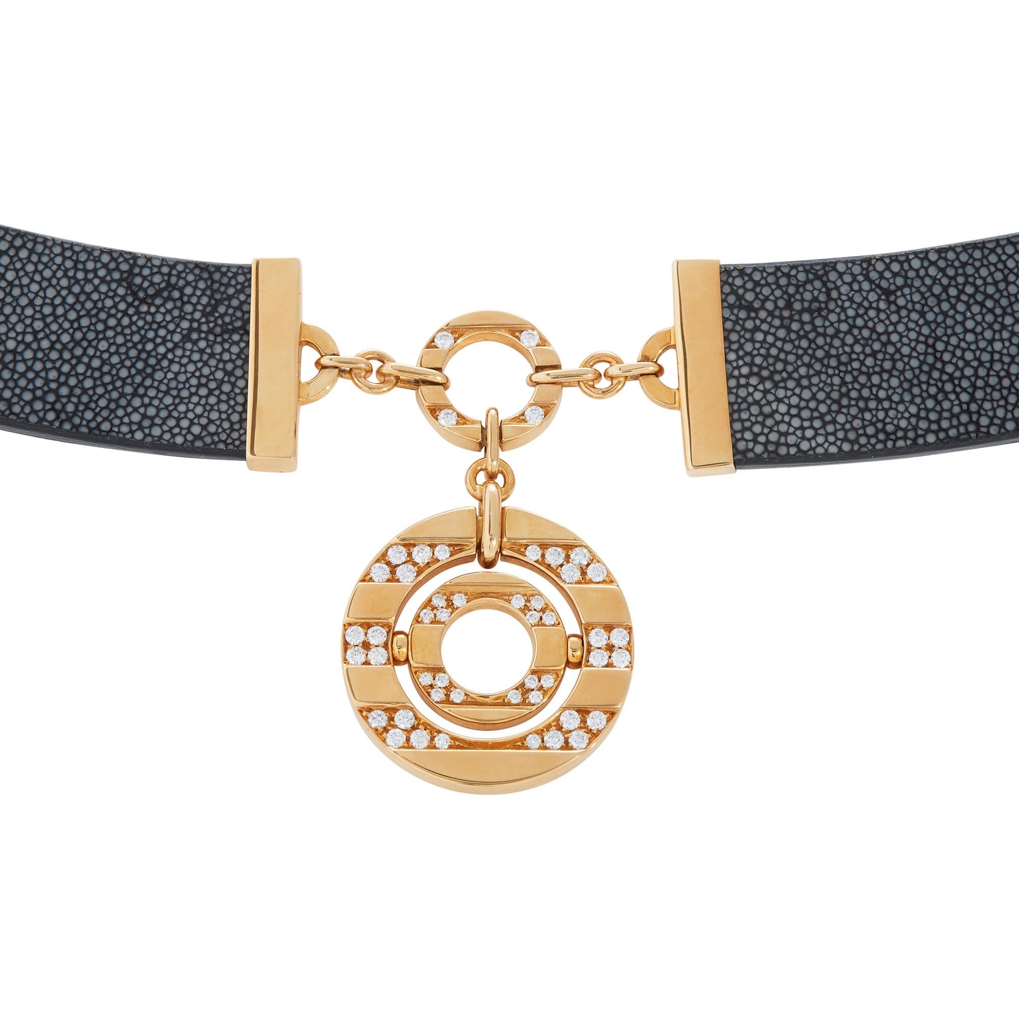 Round Cut Bvlgari 'Astrale' Galuchat Leather Diamond Necklace