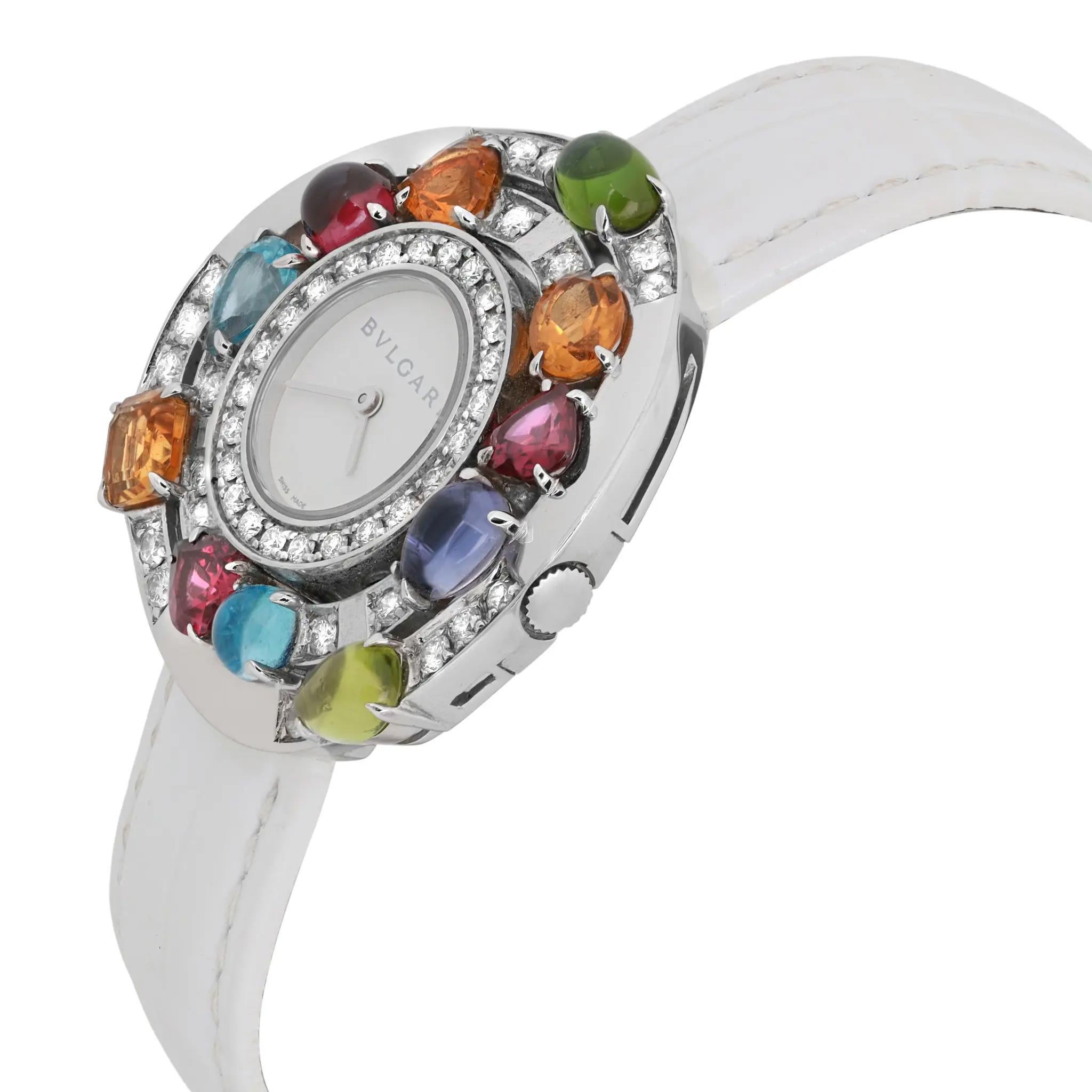 Bvlgari Astrale Gemed Diamond 18K Weißgold Weißes Leder Uhr 101338 im Zustand „Hervorragend“ im Angebot in New York, NY